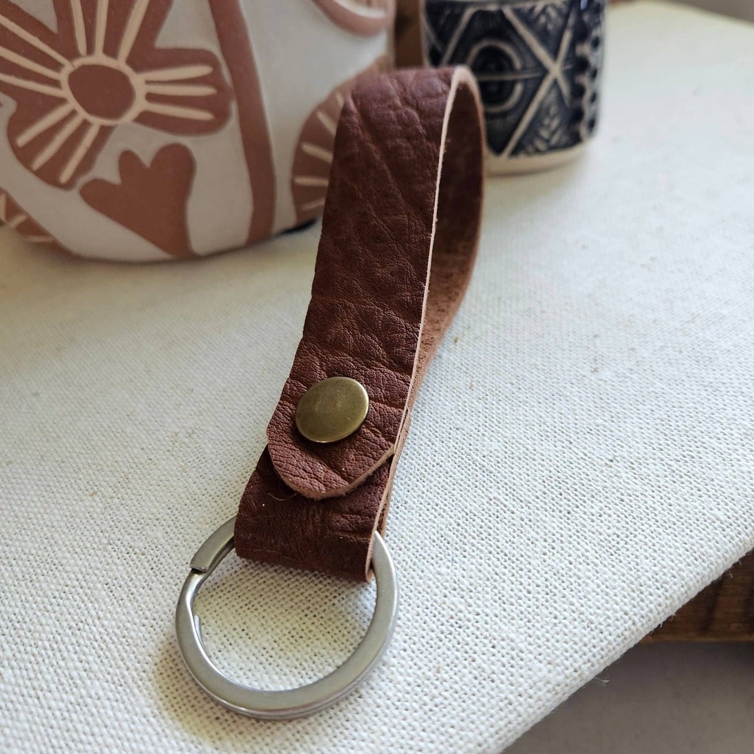 Hand-Cut Pebbled Leather Key Fob in Dark Camel