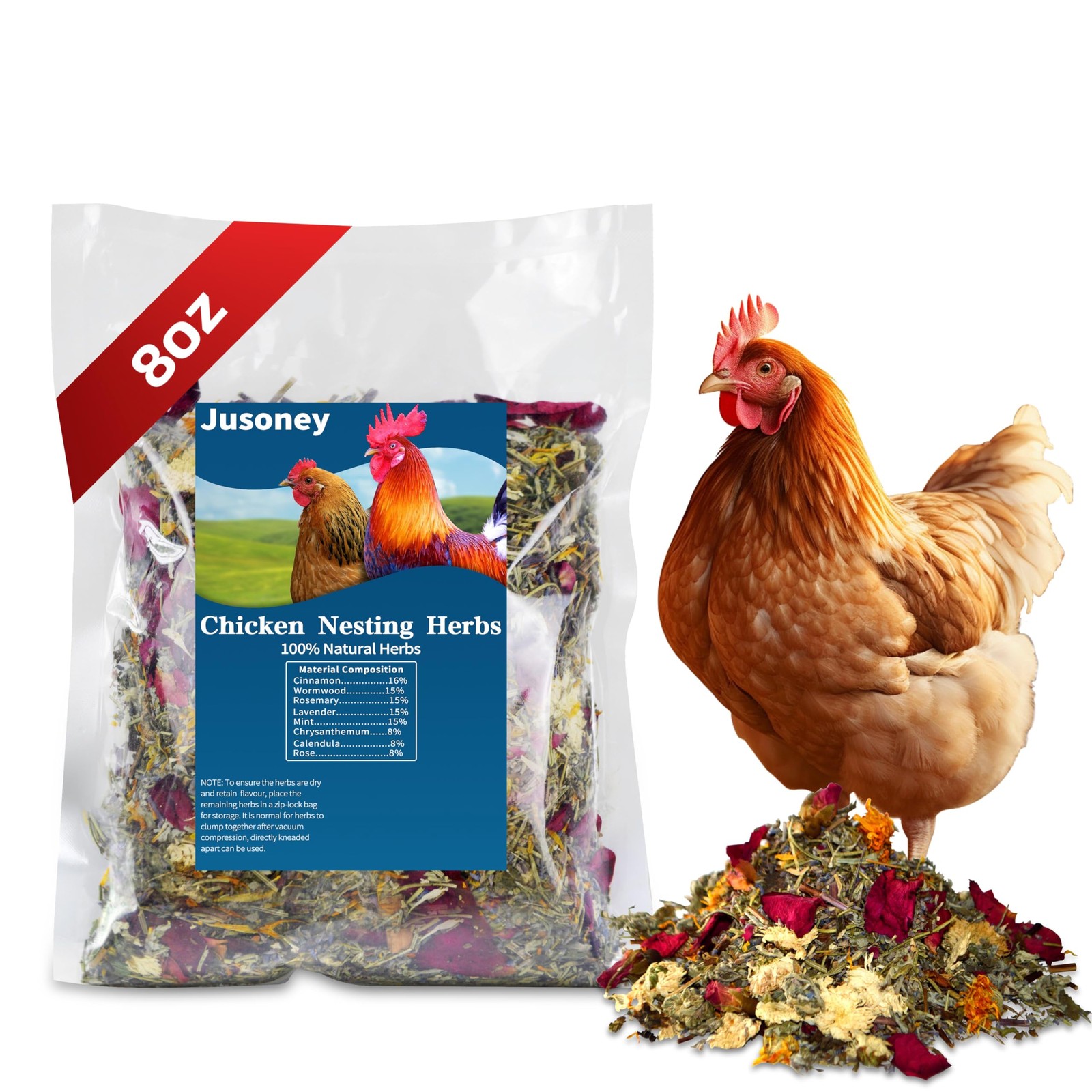 JUSONEY 8 OZ Nesting Herbs for Chicken Coop, Premixed 8 Dried 8 OZ, brown