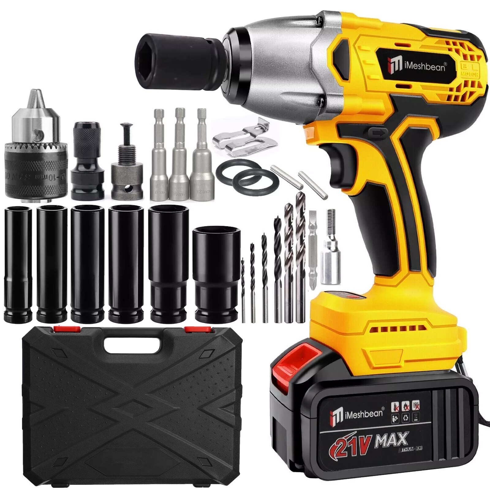 Brushless Cordless 1/2" High Torque Electric Impact Wrench Drill 1000Nm Battery