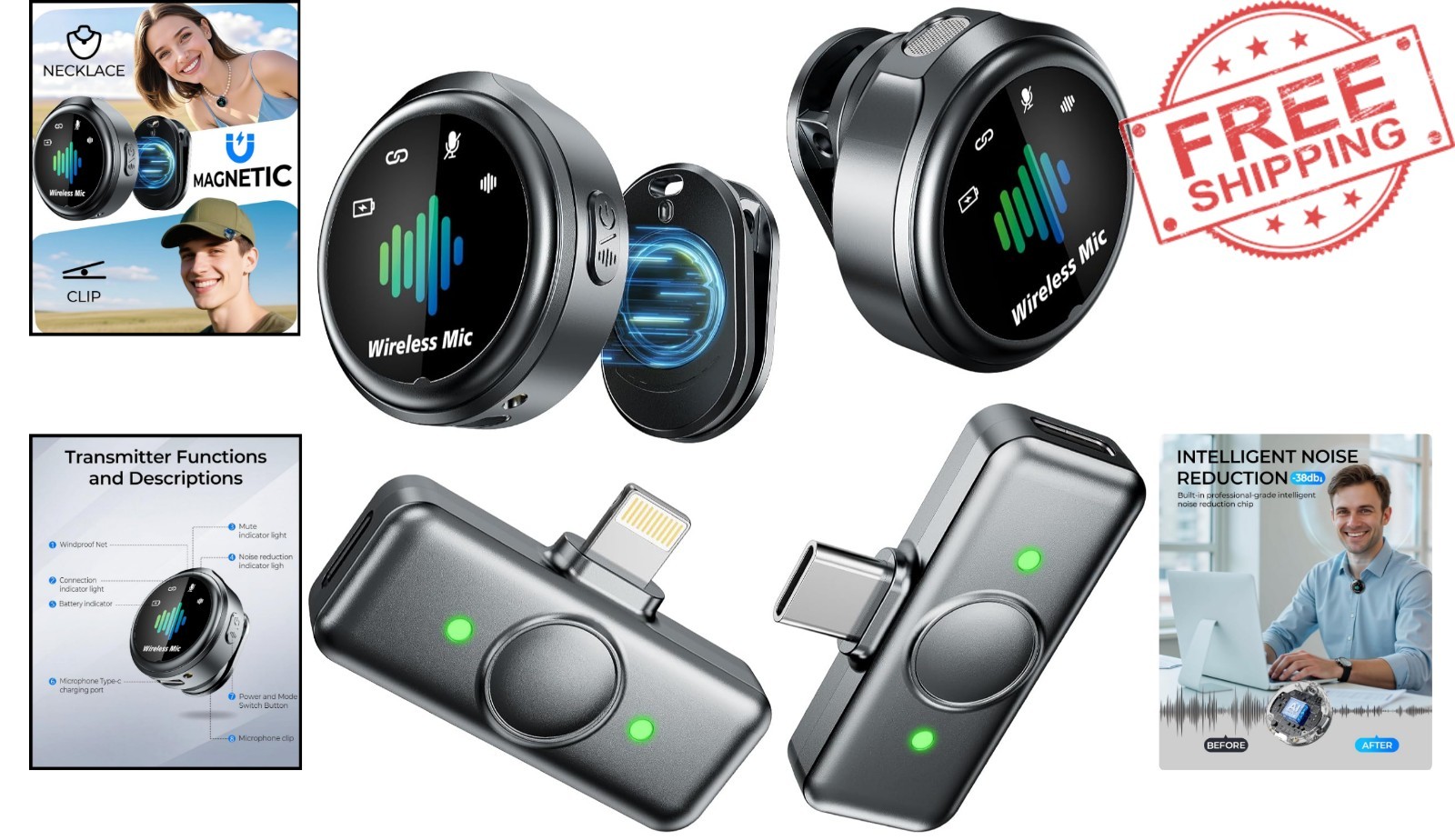 Magnetic Wireless Lavalier Microphone for iPhone & Android with Noise Reduction
