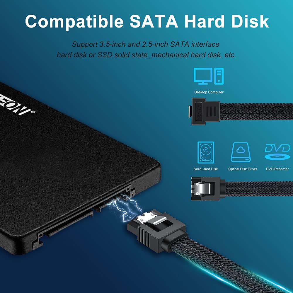 SATA III Cable, 6Gbps 90 Degree Right Angle HDD SDD Data Cable, SATA 3.0 Nylo...