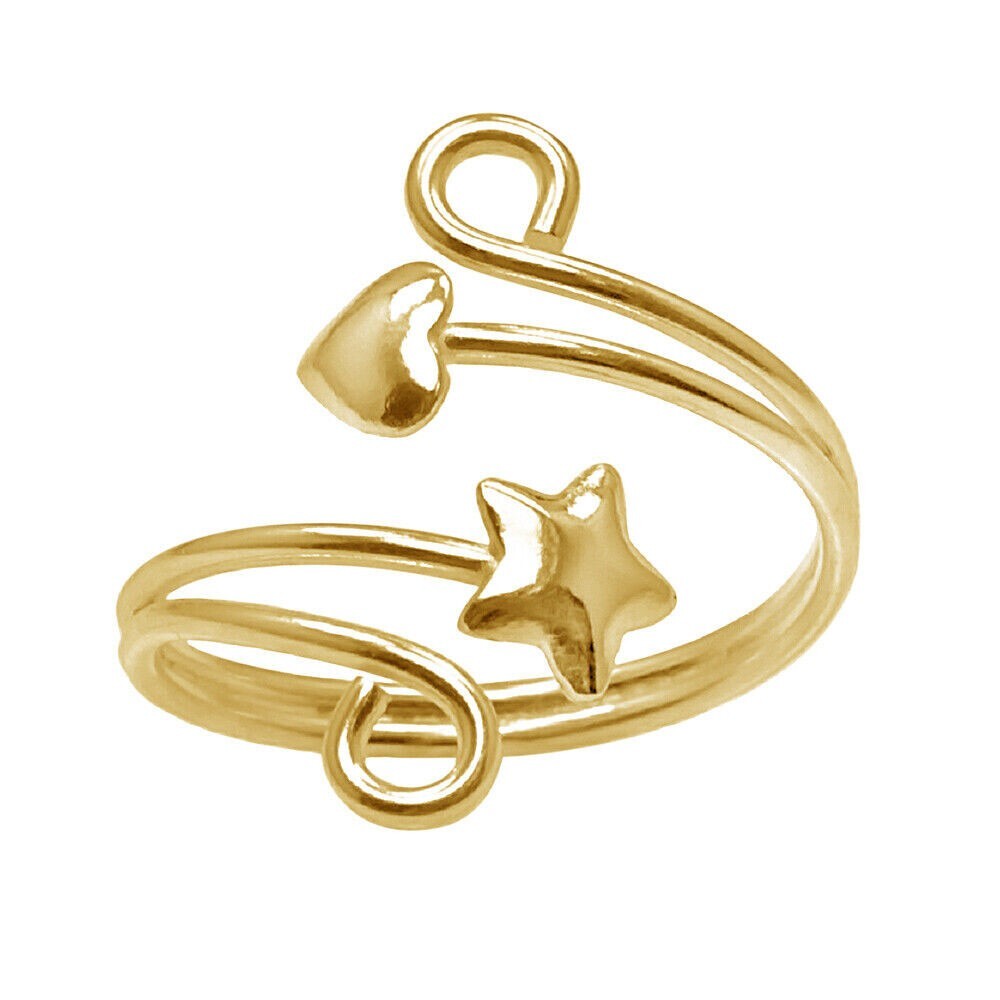 Lovely 14K Yellow Gold Plated Bypass Swirl Star & Heart Adjustable Toe/Midi Ring