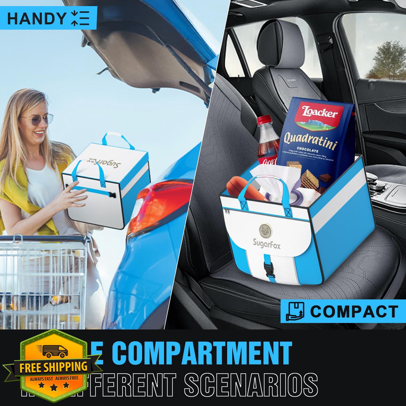 SugarFox Blue 63L+26L Modular Car Trunk Organizer SUV Foldable