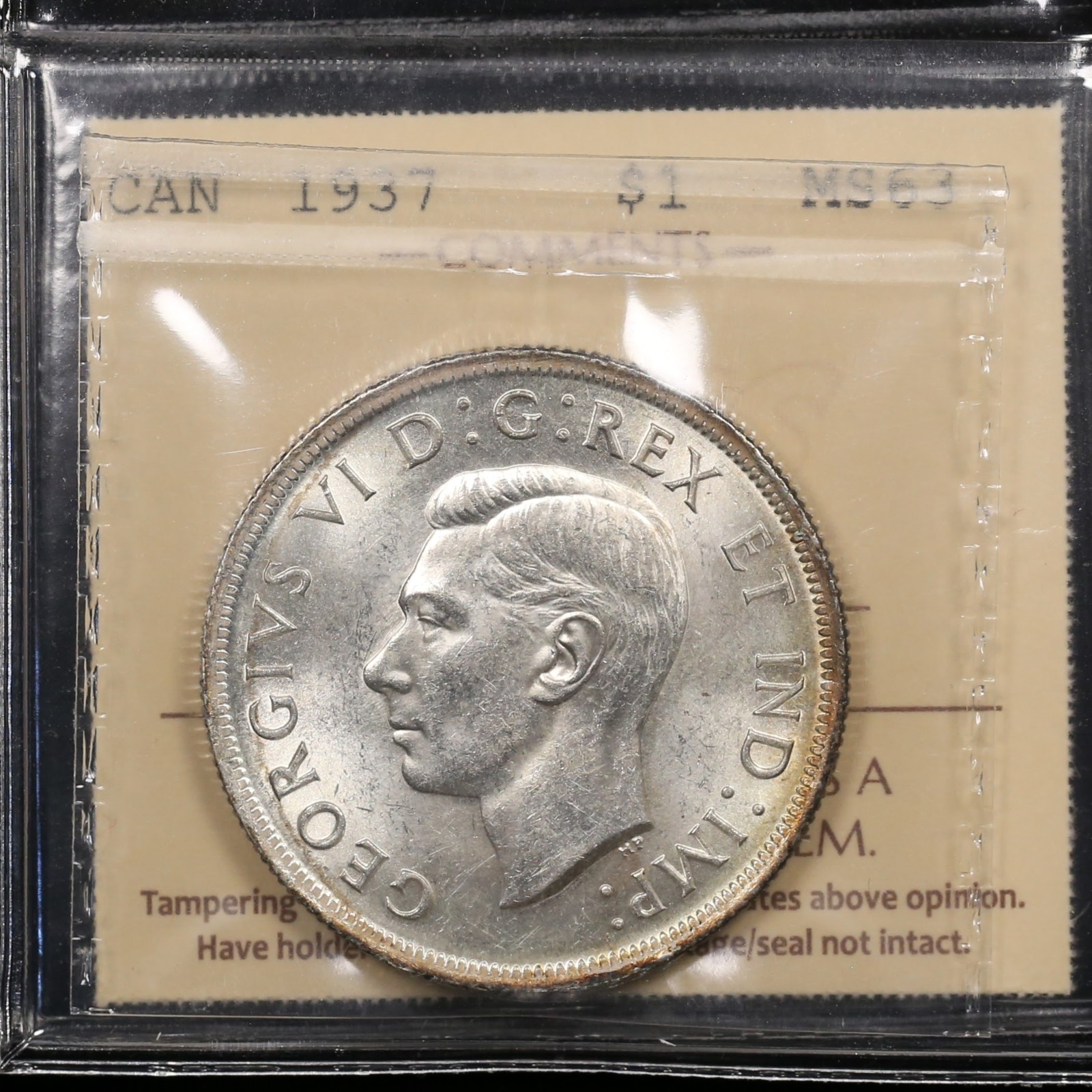 1937 $1 ICCS MS63 *2xHP* Canada Silver Blast White With Orignal Gold Rim Toning
