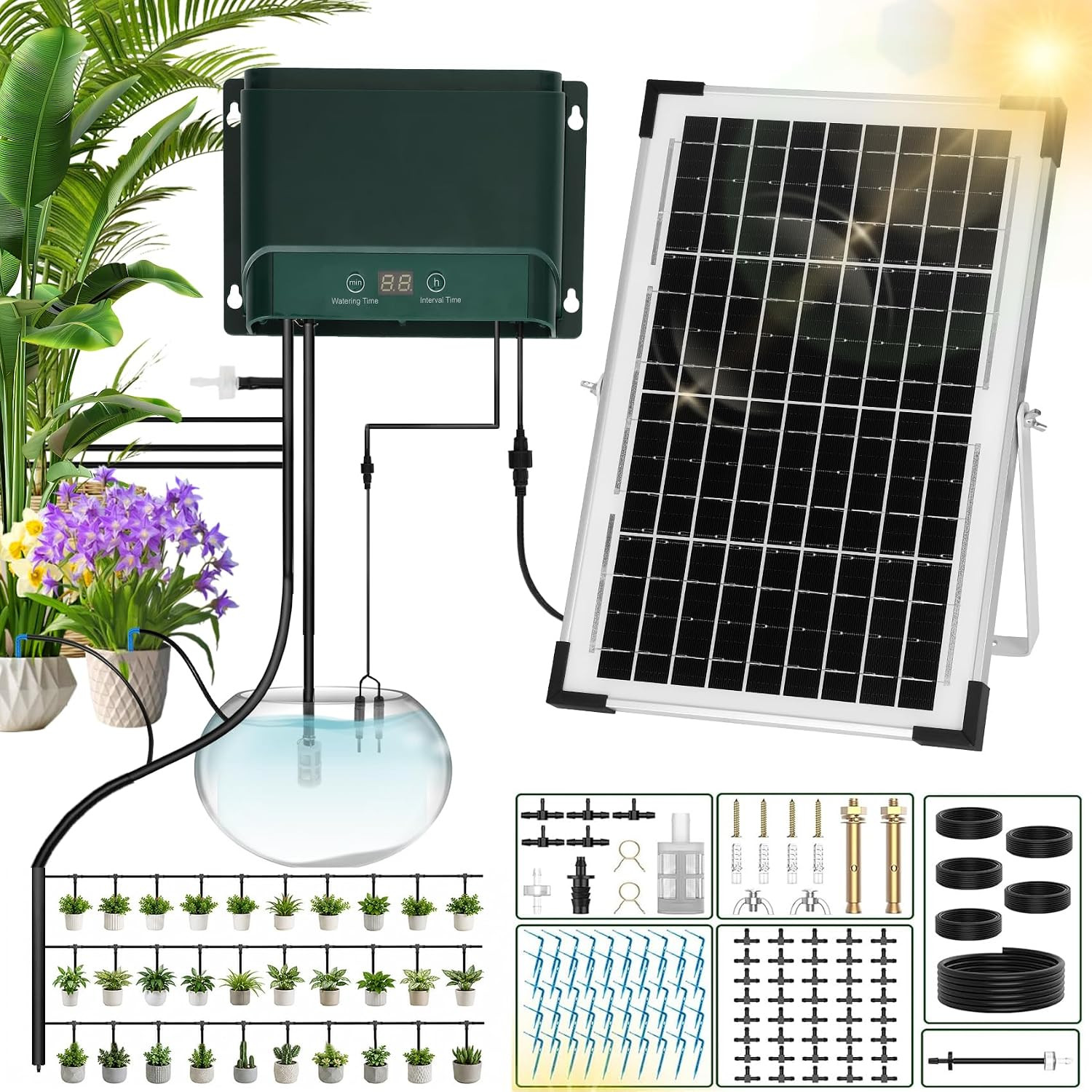 Solar Drip Irrigation System, 10W Auto Watering Kit for 50 Plants | 164FT Hose,S