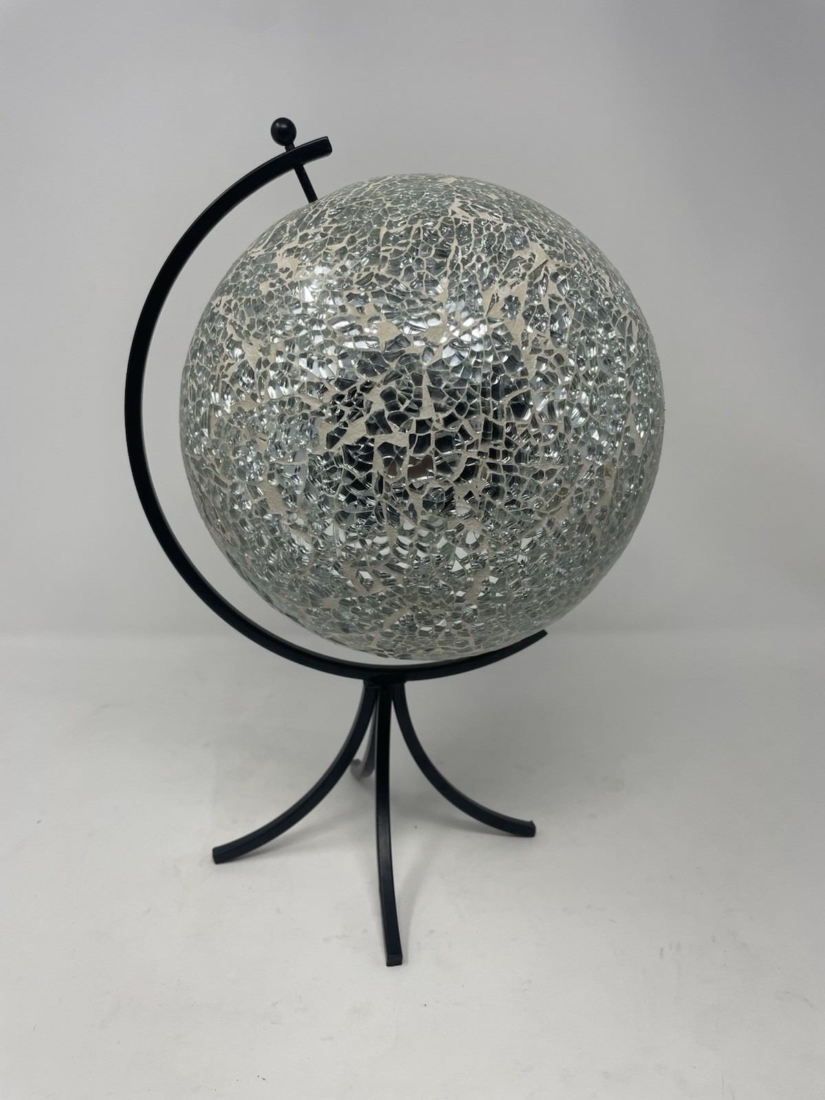 Mosaic Decorative Globe – Crushed Glass Silver – 12” Tall – Modern Home Decor