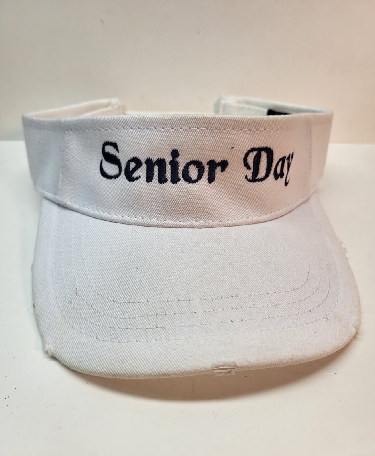 "Senior Day" White Visor Cap Hat 100% Cotton 58cm, Adjustable Back, Wear on Brim