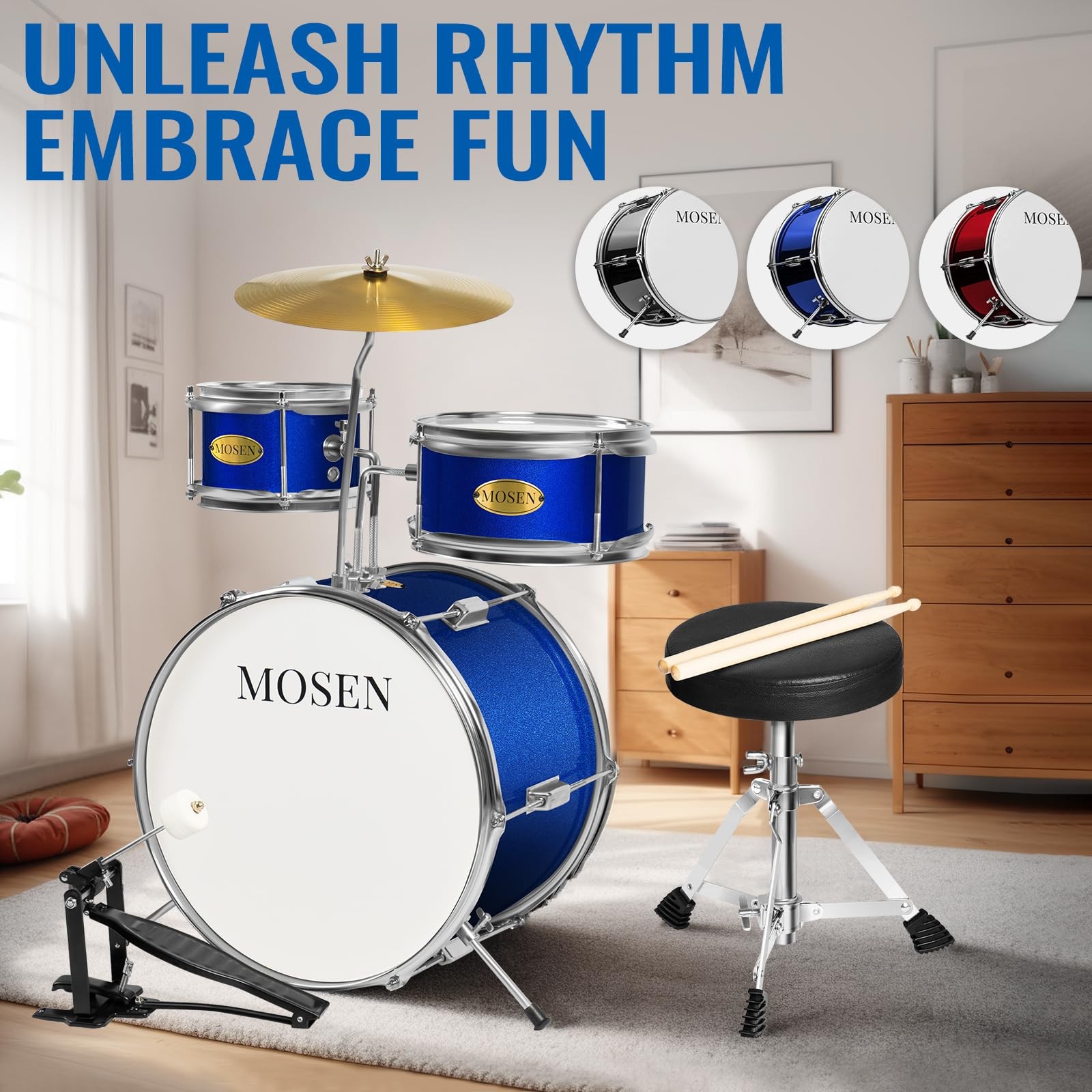 MOSEN Drum Set 3-Piece Beginner Junior Kit with Adjustable Blue