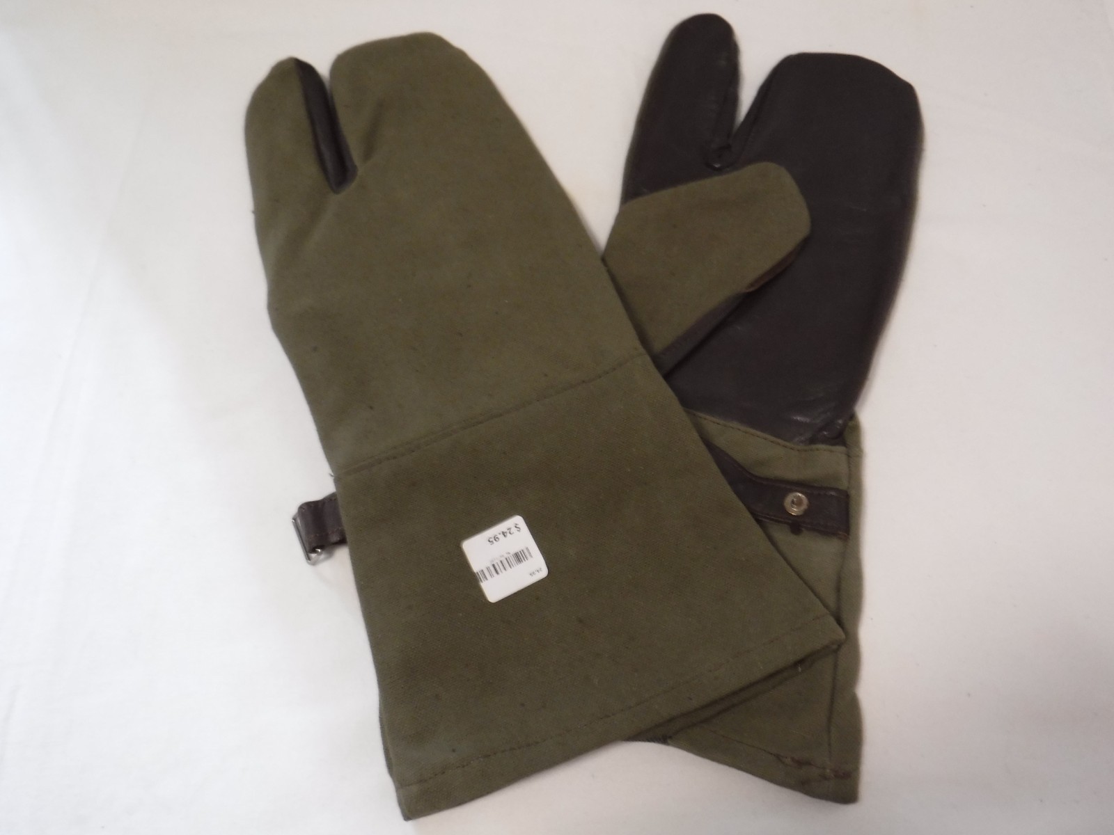 NOS Vtg French WWll MILITARY Leather GREEN CANVAS Trigger Finger MITTENS Gloves