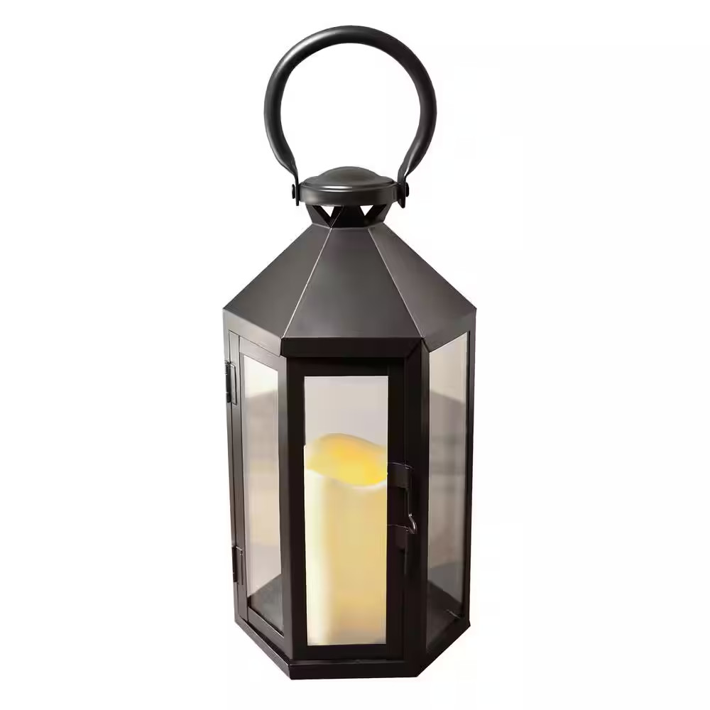 6 In. X 12 In. Hexagon Metal Lantern with LED Candle