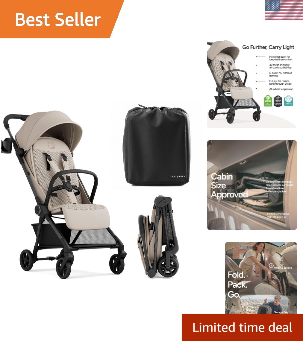 Ultra-Lightweight Khaki Travel Stroller with 5-Point Safety Harness & Rain Cover