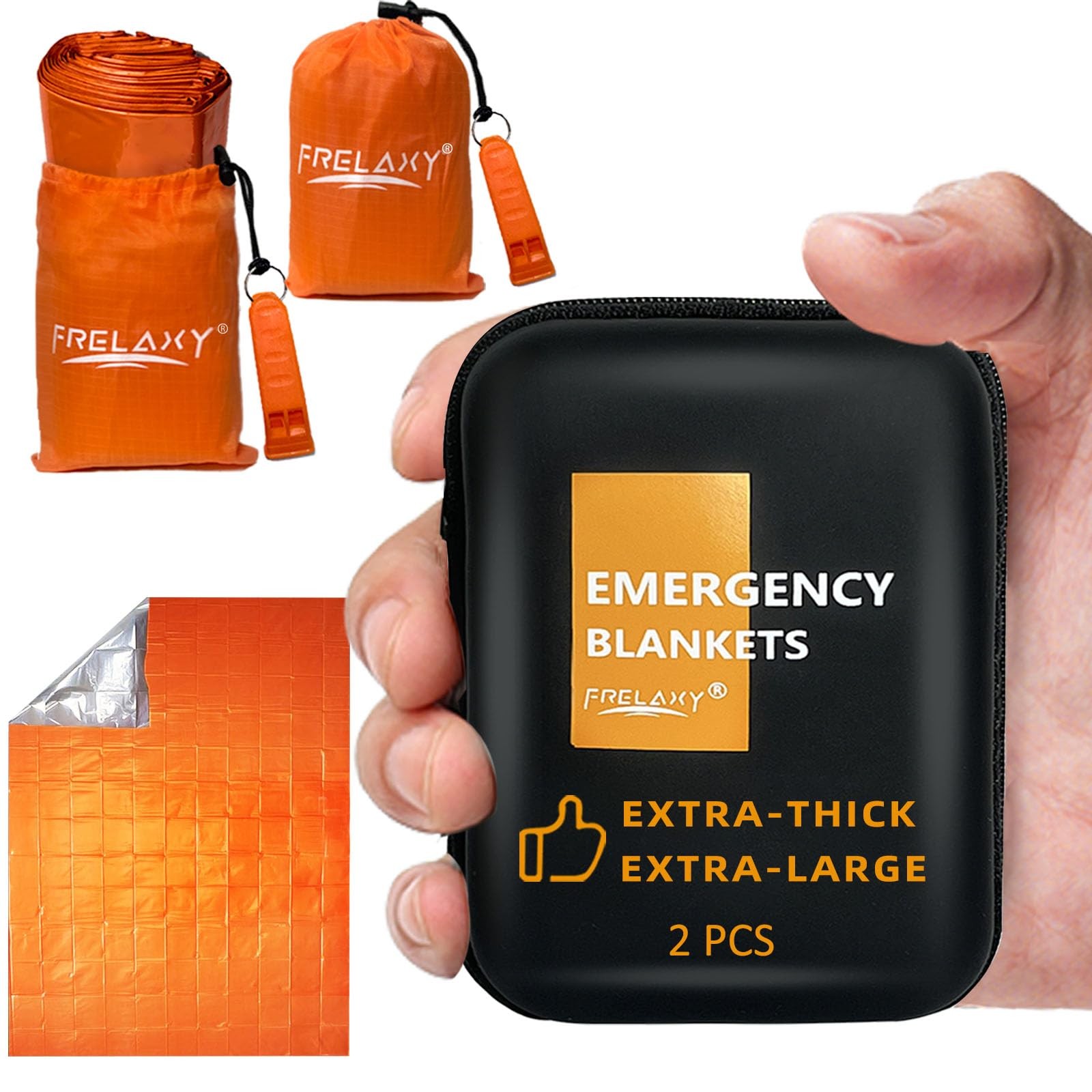 Emergency Blanket 2-Pack, Extra-Thick Large Space Blankets with Whistles & Pouch