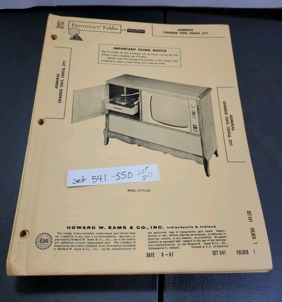 Vintage 1961 Howard W Sams Photofact Folder Lot of 20 Sets #541-550 TV Part List