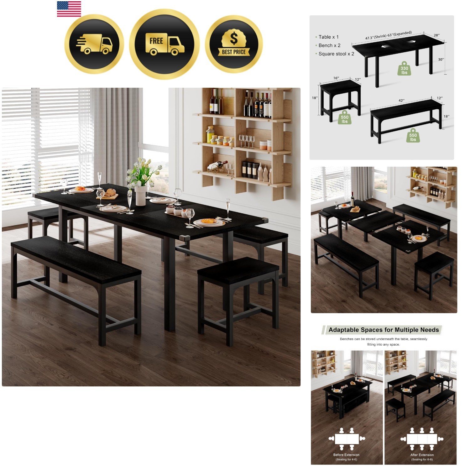 Dining Table Set for 4-8 People Extendable Kitchen Table with Benches Stools