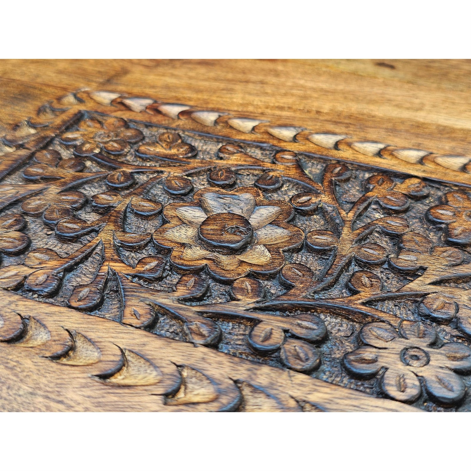 21 Inch Boho Side End Table- Floral Carved Details- Foldable Panel Legs