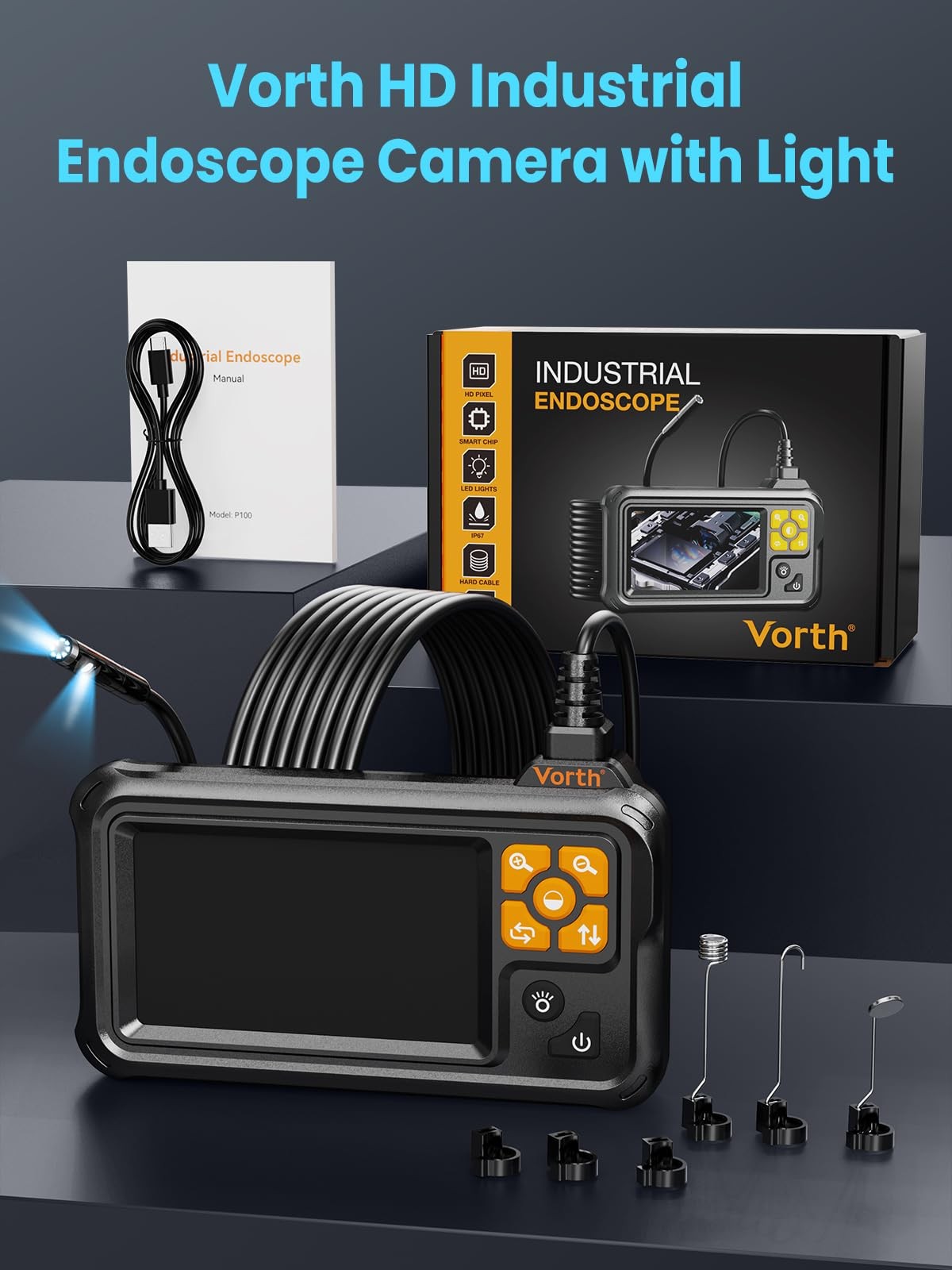 Vorth Endoscope Camera with Light, 4.3" IPS Screen 1080P Tools 16.5FT, black