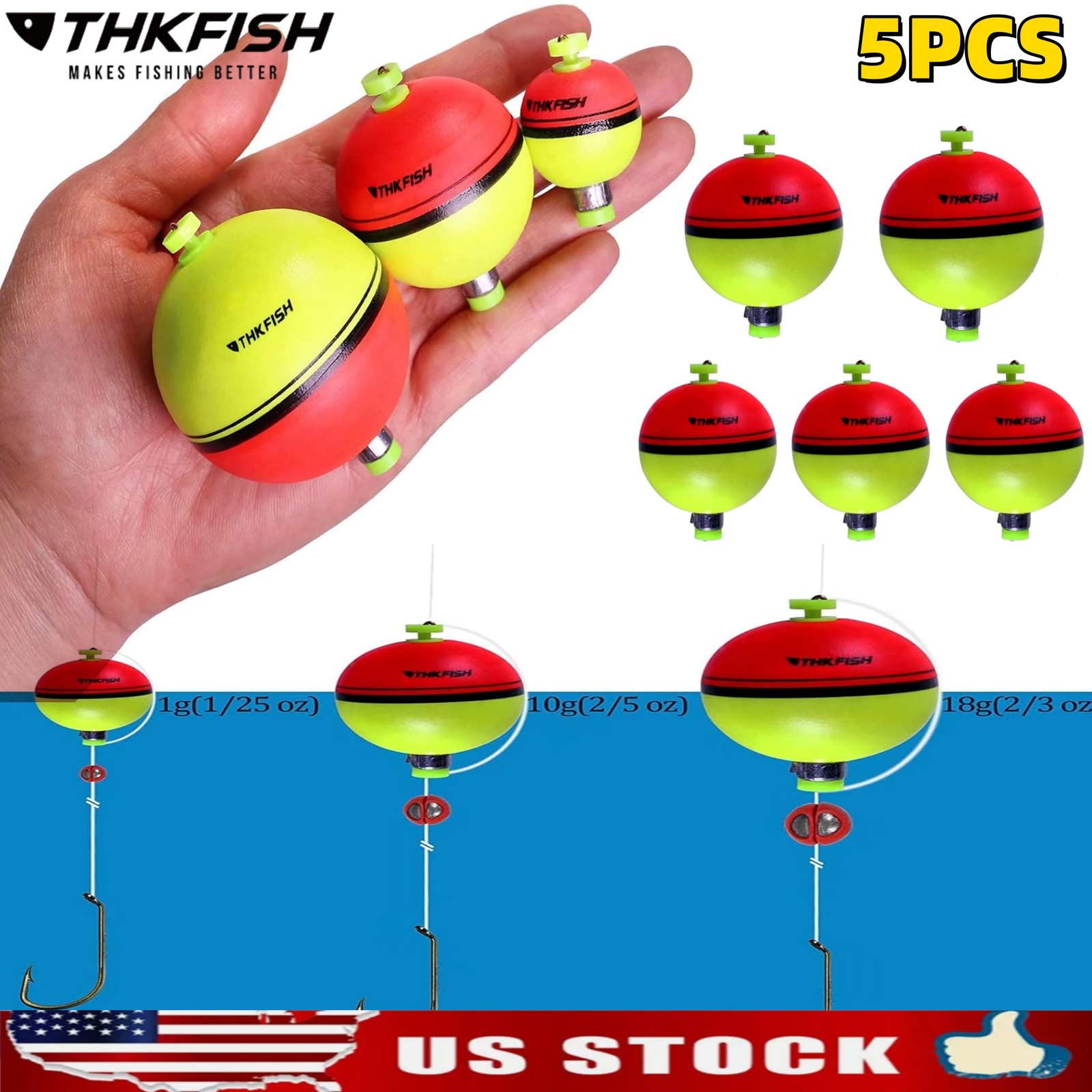 5PCS Weighted Fishing Bobbers Snap-on Spring Floats EVA Foam Push Button Clip US