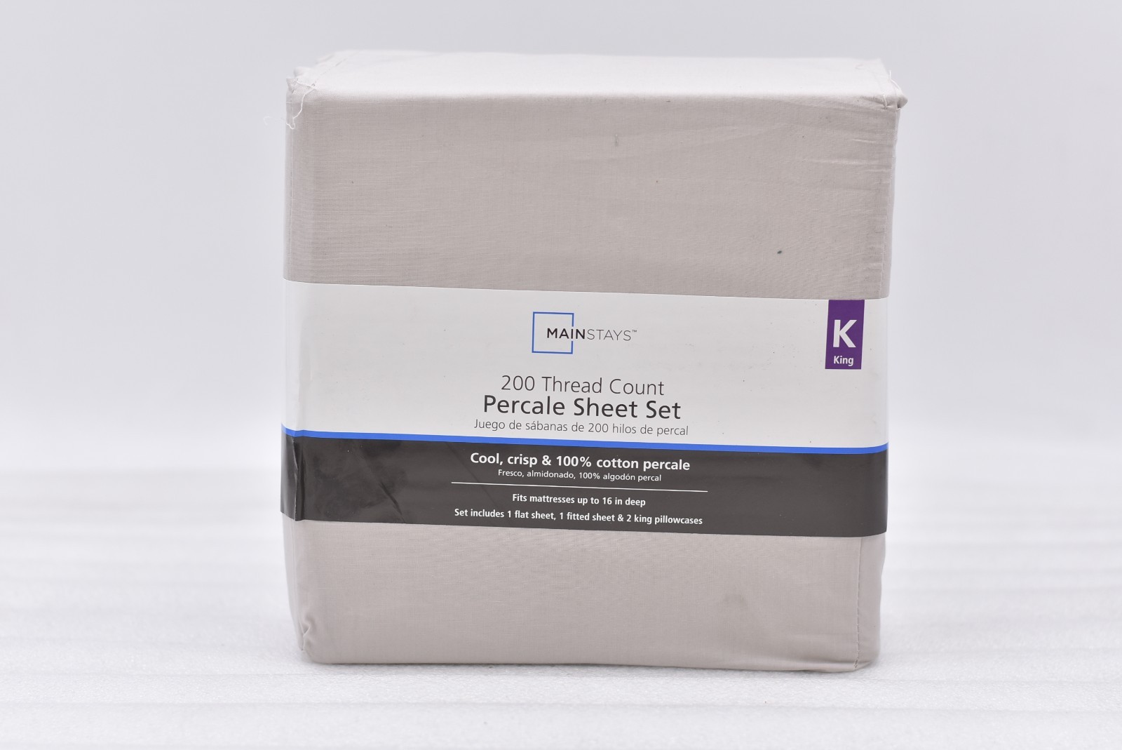 Mainstays 200 Thread Count 4 Piece Percale Sheet Set in Grey Pumice, King