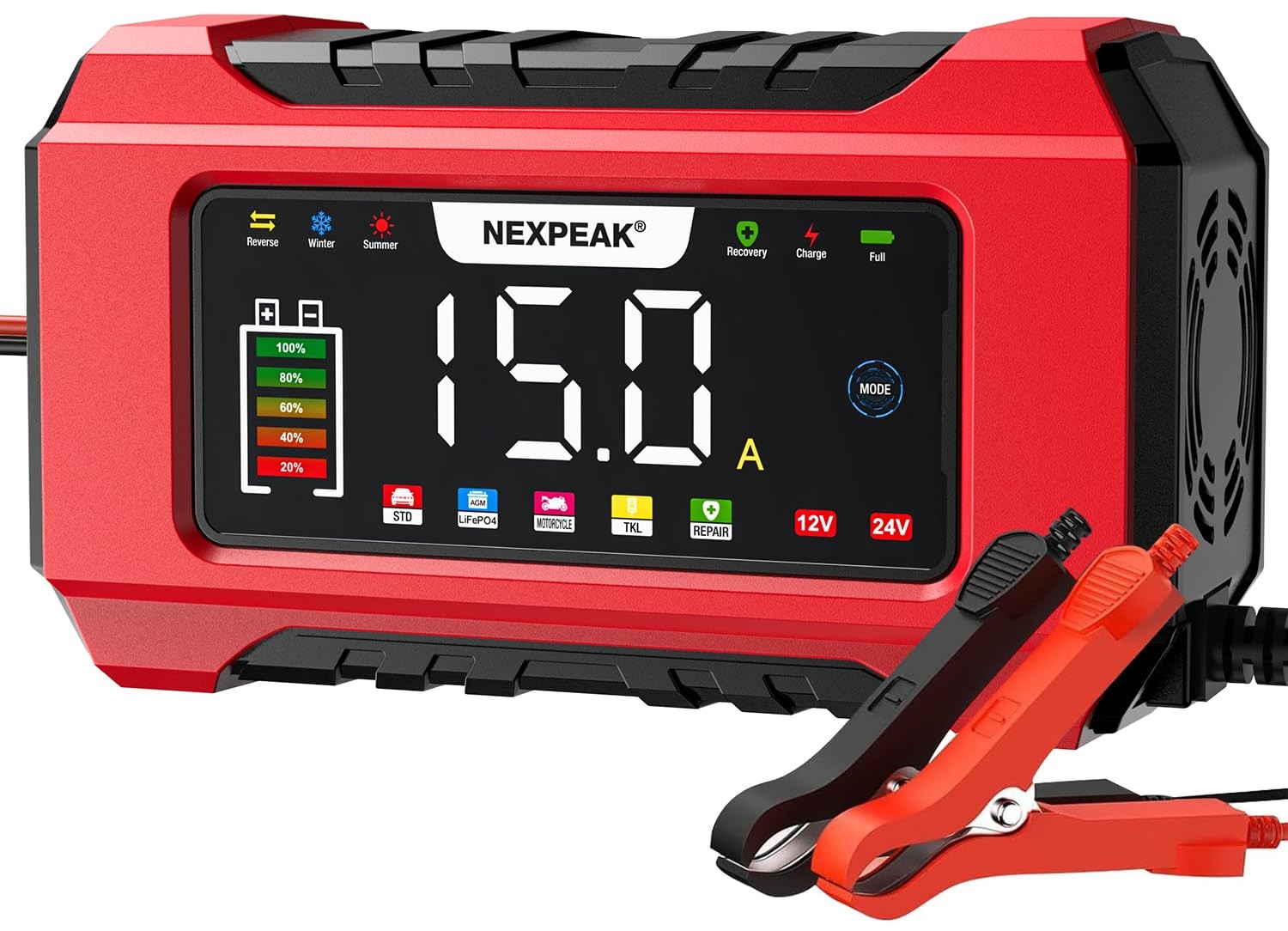 NEXPEAK NC215 15-Amp Battery Charger, 12V 24V LiFePO4 Lead Acid Portable Red
