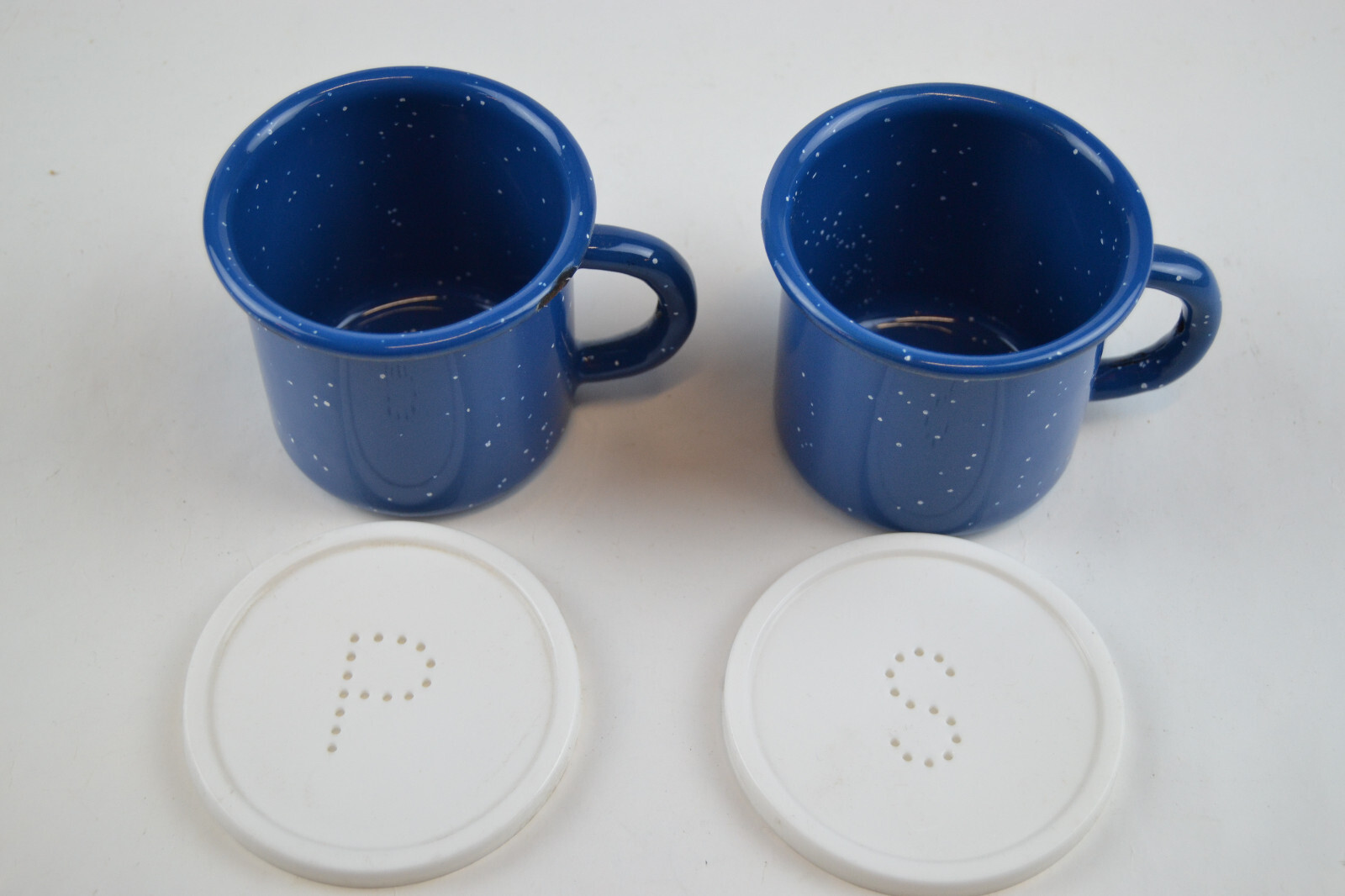 Cowboy Tableware Tinware Enamel Blue 2 Small Coffee Cups / Salt Shakers