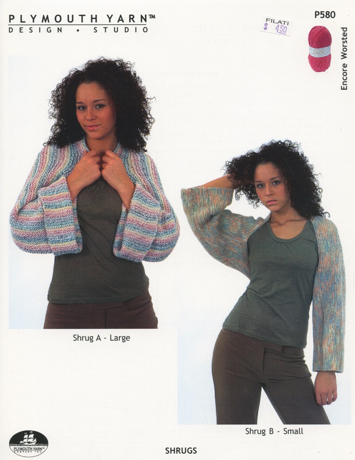 Plymouth Knitting Pattern P580 Encore Worsted Easy Knit Shrugs