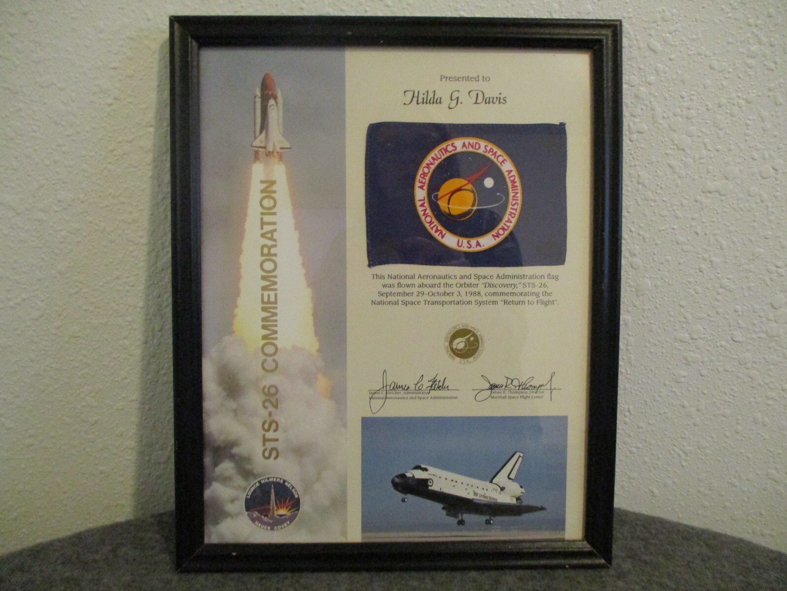 NASA SPACE SHUTTLE DISCOVERY STS-26 FLOWN FLAG CERTIFICATE "RETURN TO FLIGHT"