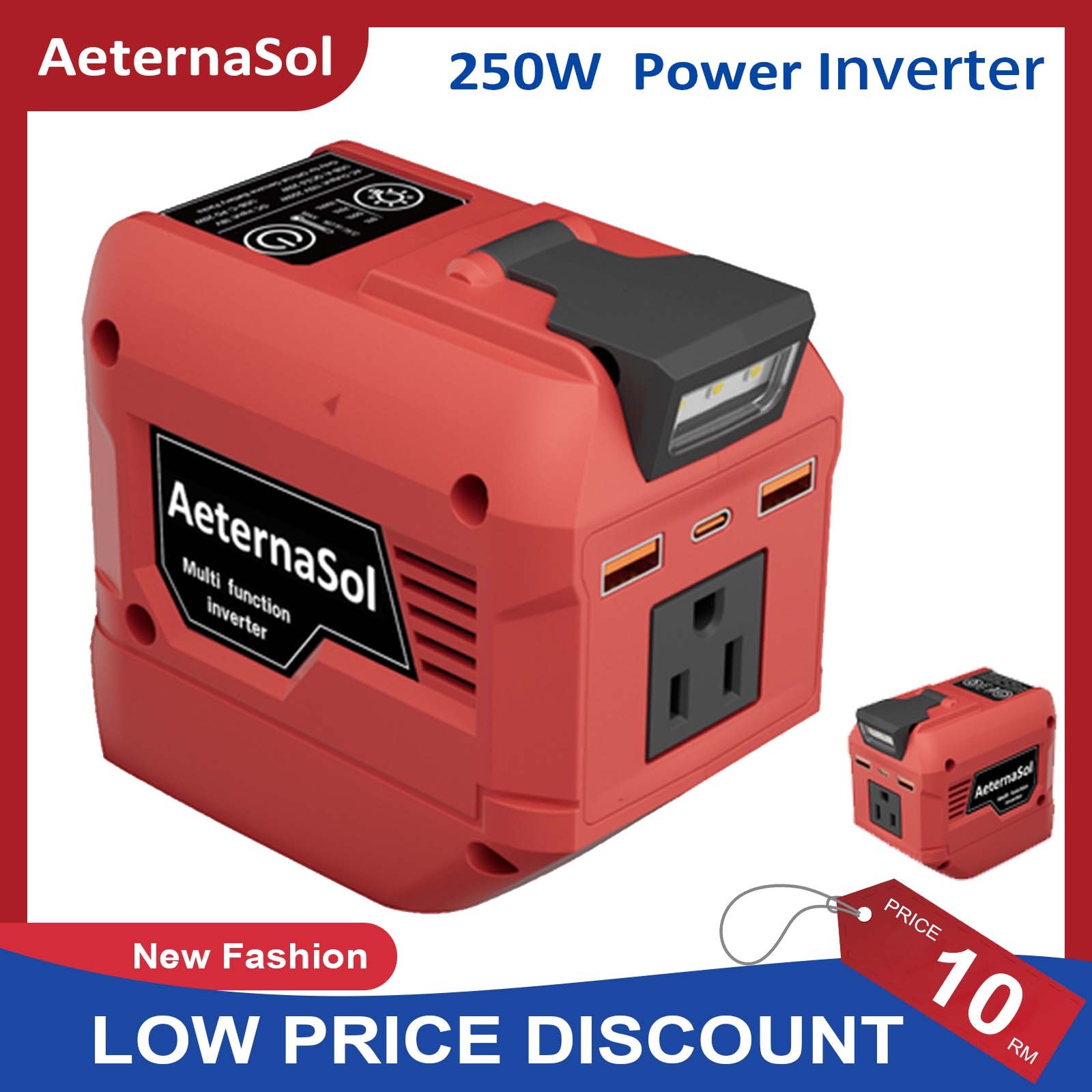 AeternaSol 220W Power Inverter for Milwaukee 18V Battery AC110V Outlet LED Light