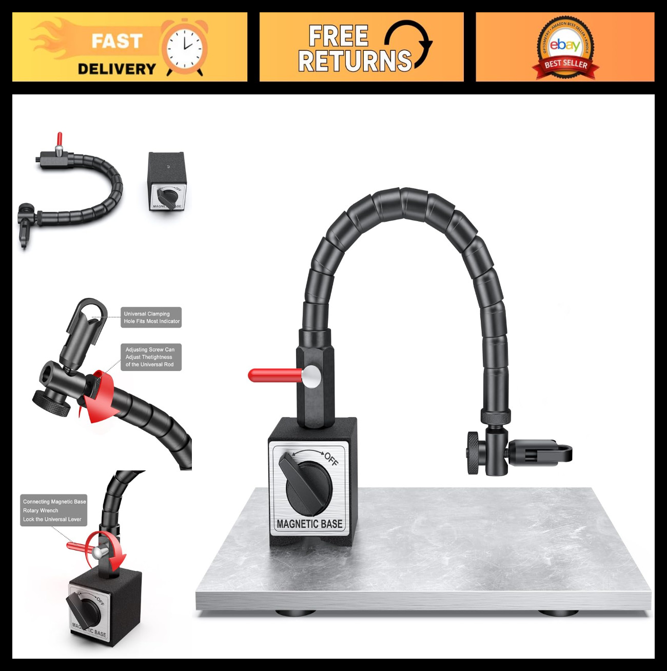 Magnetic Base with Flex Arm for Dial Indicator Gauge - 360° Adjustable Stem Hold