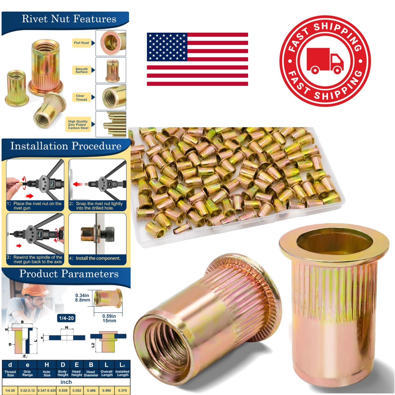 1/4-20 Nutserts 115Pcs Carbon Steel Zinc Plated for Strong Corrosion Resistance