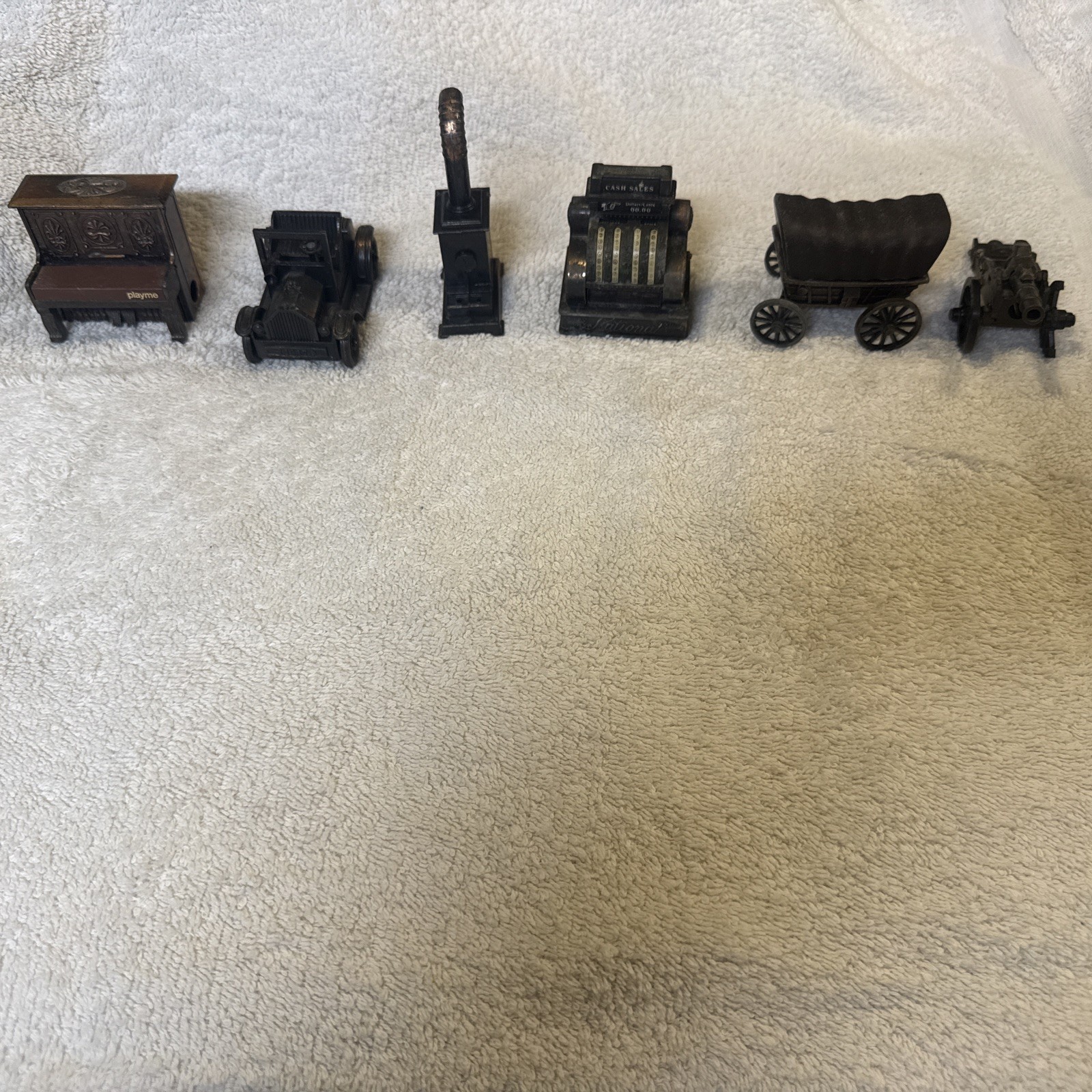 VINTAGE Set/6 Diecast Metal/Bronze Pencil Sharpener Miniatures