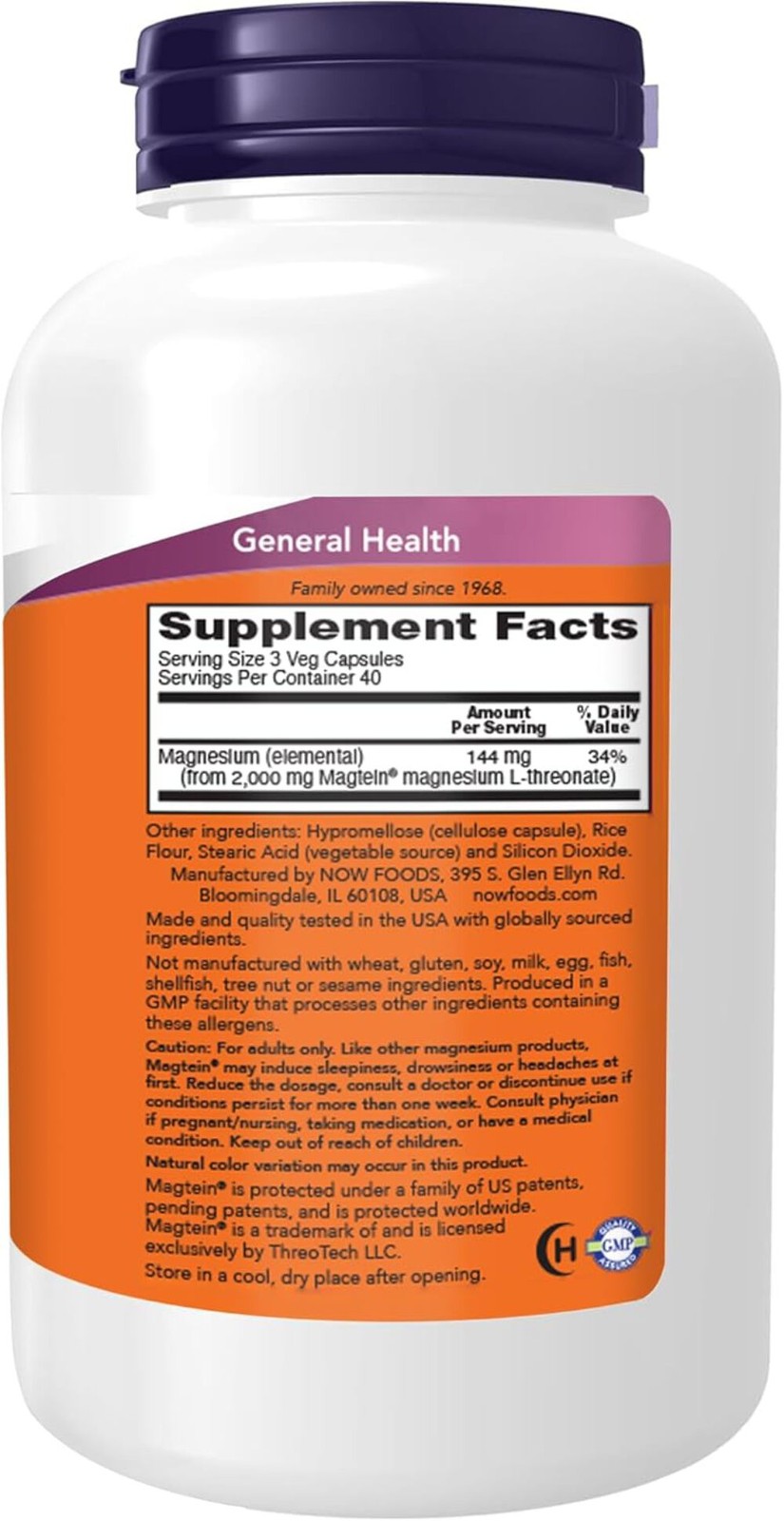NOW Supplements Magtein, Magnesium L-Threonate, Cognitive Support*, 120 Veg Caps