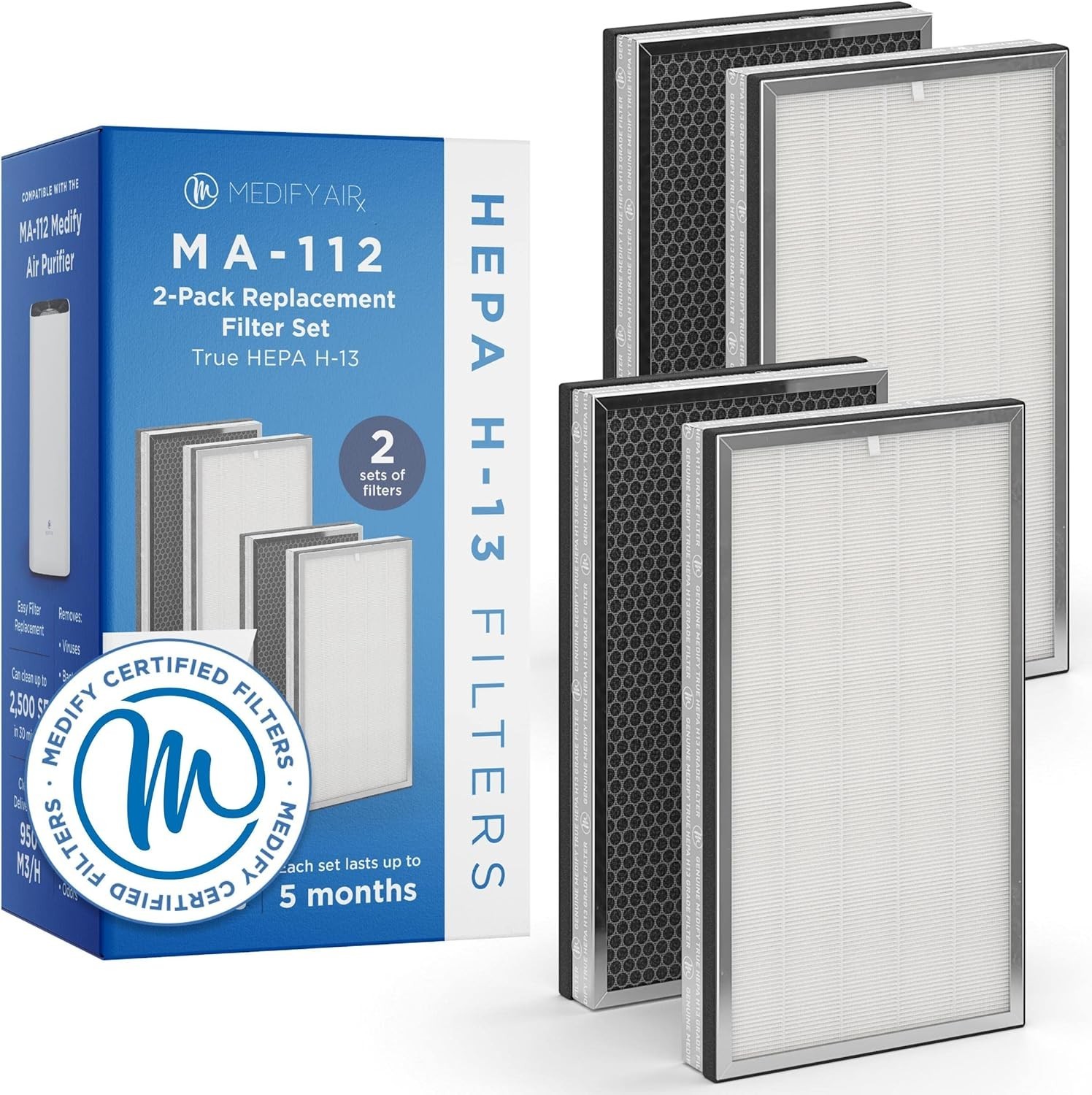Medify MA-112 H13 HEPA Filter 1-Pack | Smoke, Dust, Odors, Pets | 3-in-1 Set