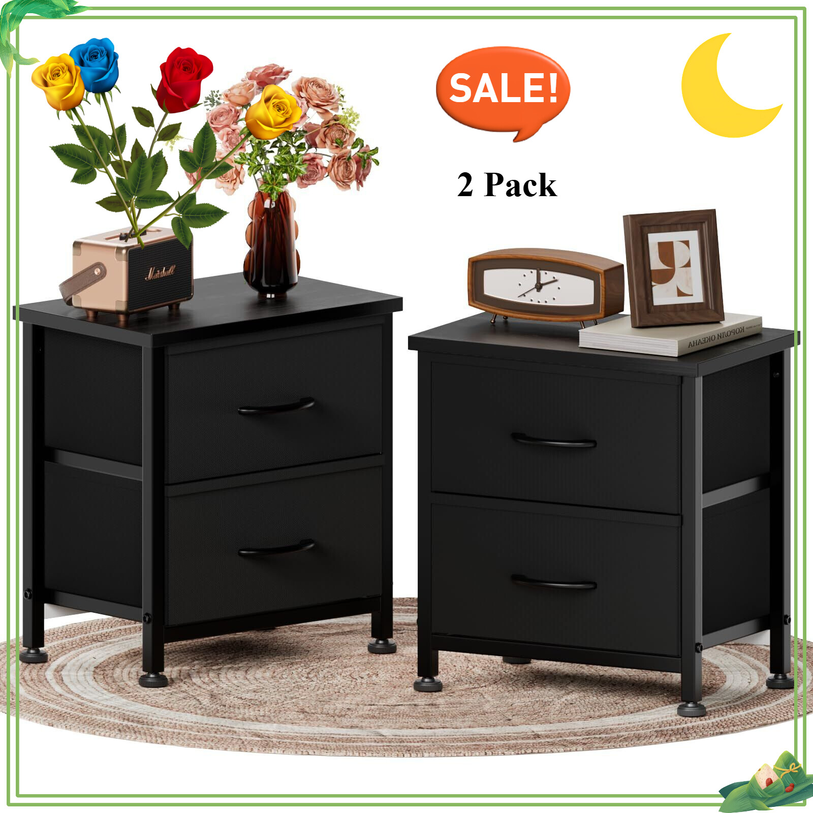 Nightstand with 2 Fabric Drawers Small Dresser Bedroom Living Room Furniture