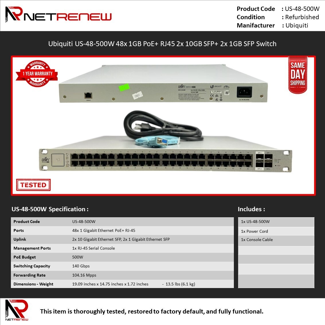 Ubiquiti US-48-500W 48x 1GB PoE+ RJ45 2x 10GB SFP+ 2x 1GB SFP Switch