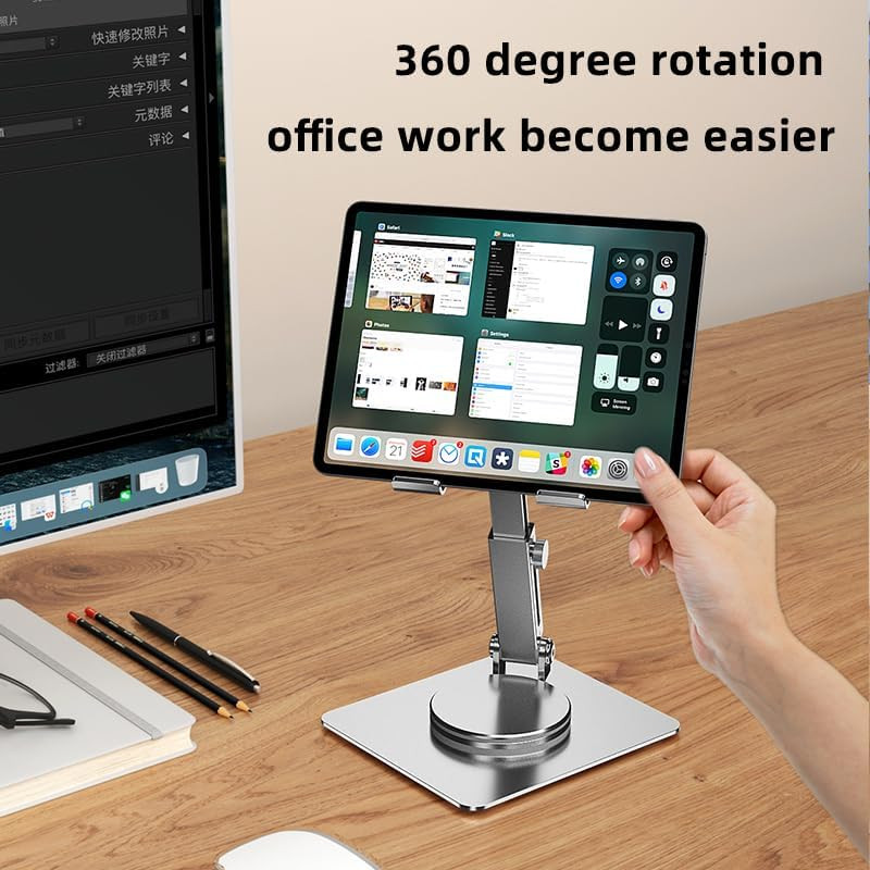 Tablet Stand for Desk, Adjustable Height & Swivel with 360° Rotating Base, Table