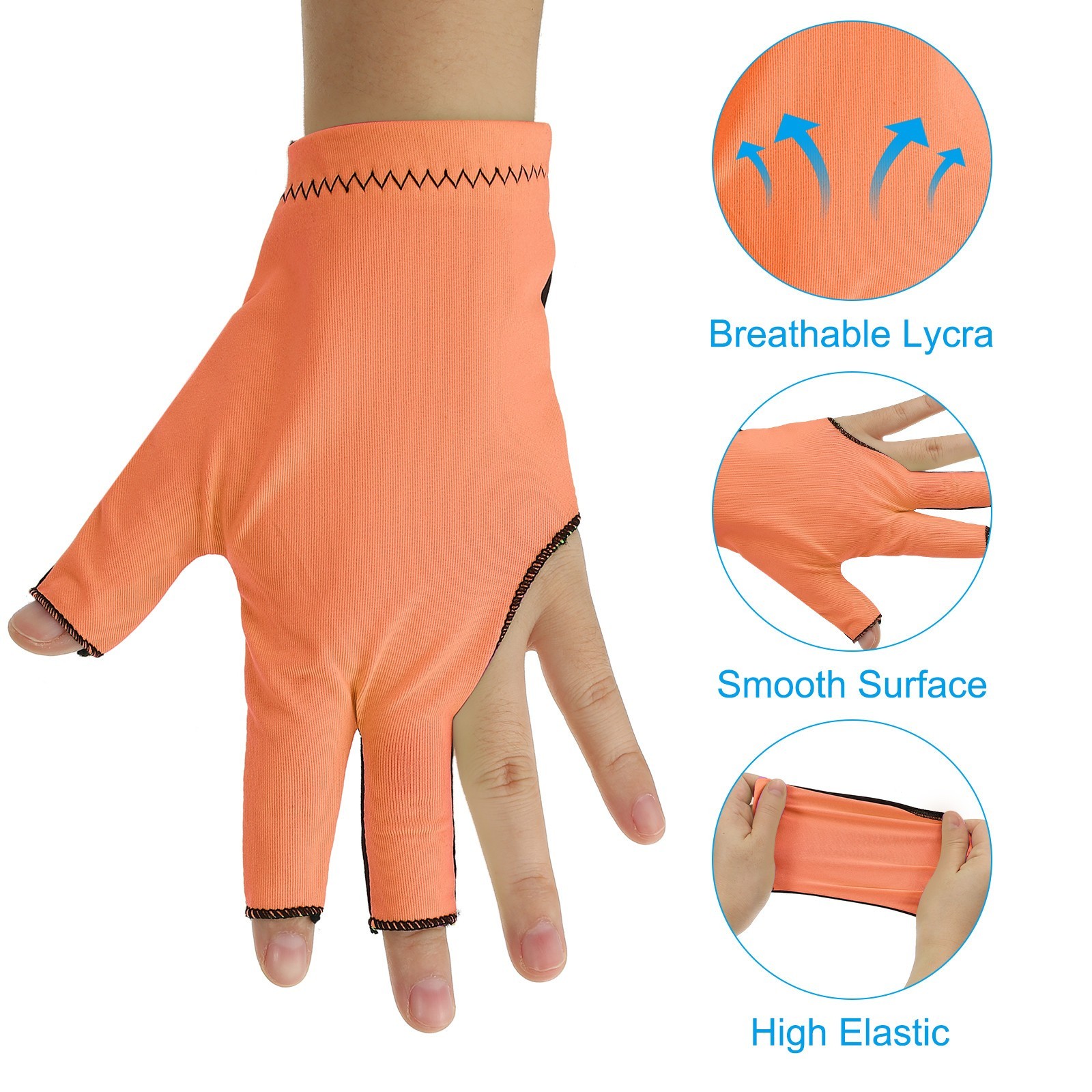 10 Pcs 3 Finger Pool Glove Left Hand Breathable Billiard Gloves, Orange Black [