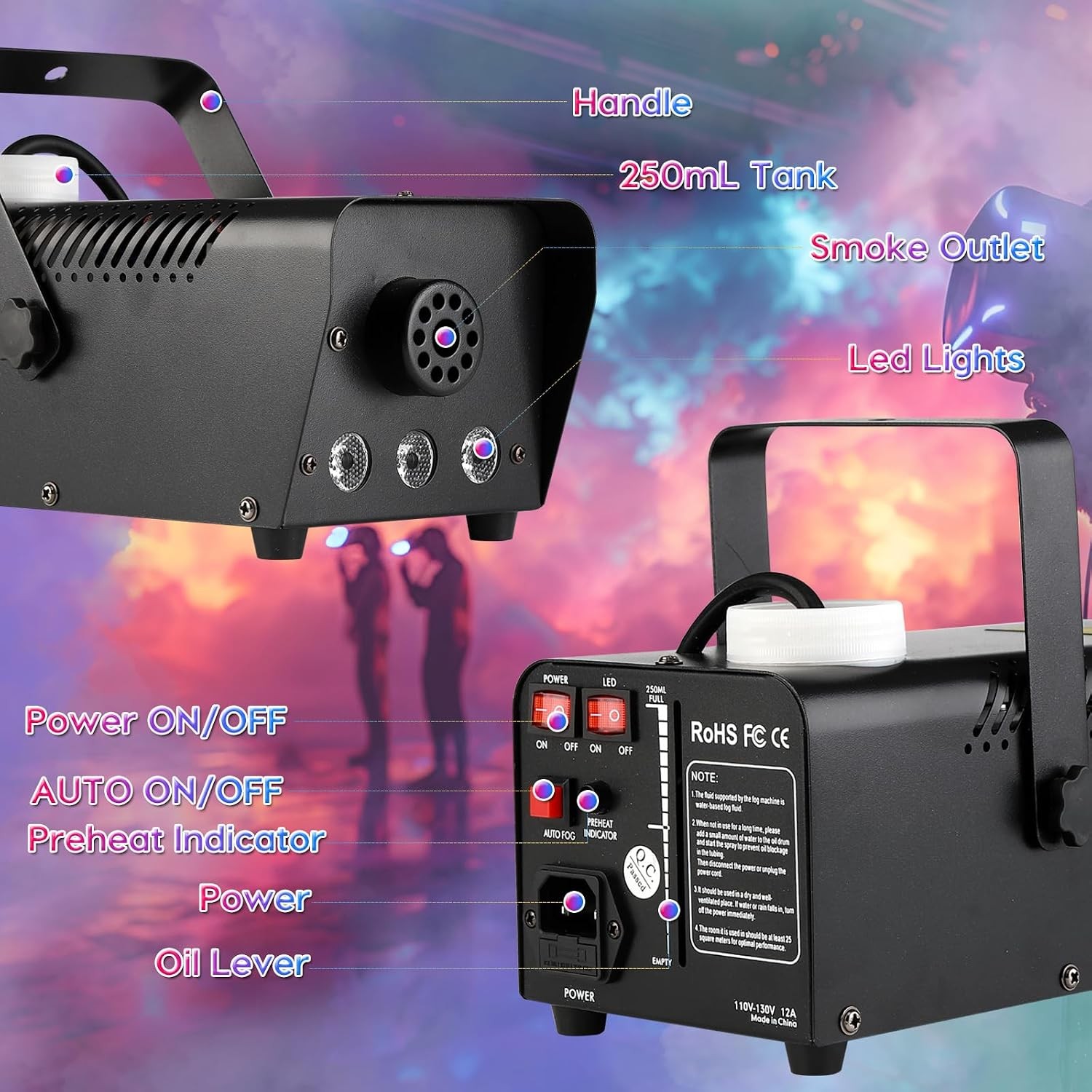 500W Fog Machine Mini Auto Smoke LED Lights Wireless Remote Control | 2500CFM Sm