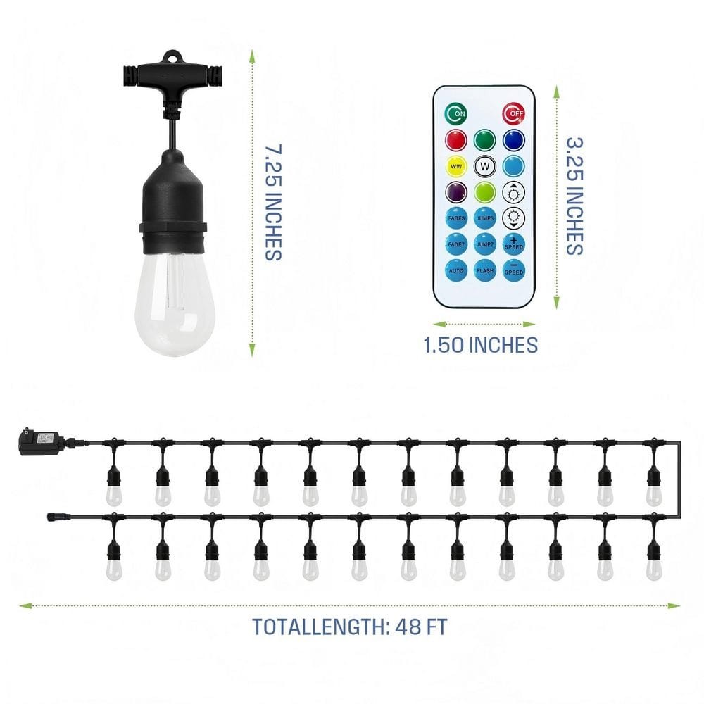 48 Ft Color Changing LED Edison String Lights - 24 Bulbs Indoor/Outdoor