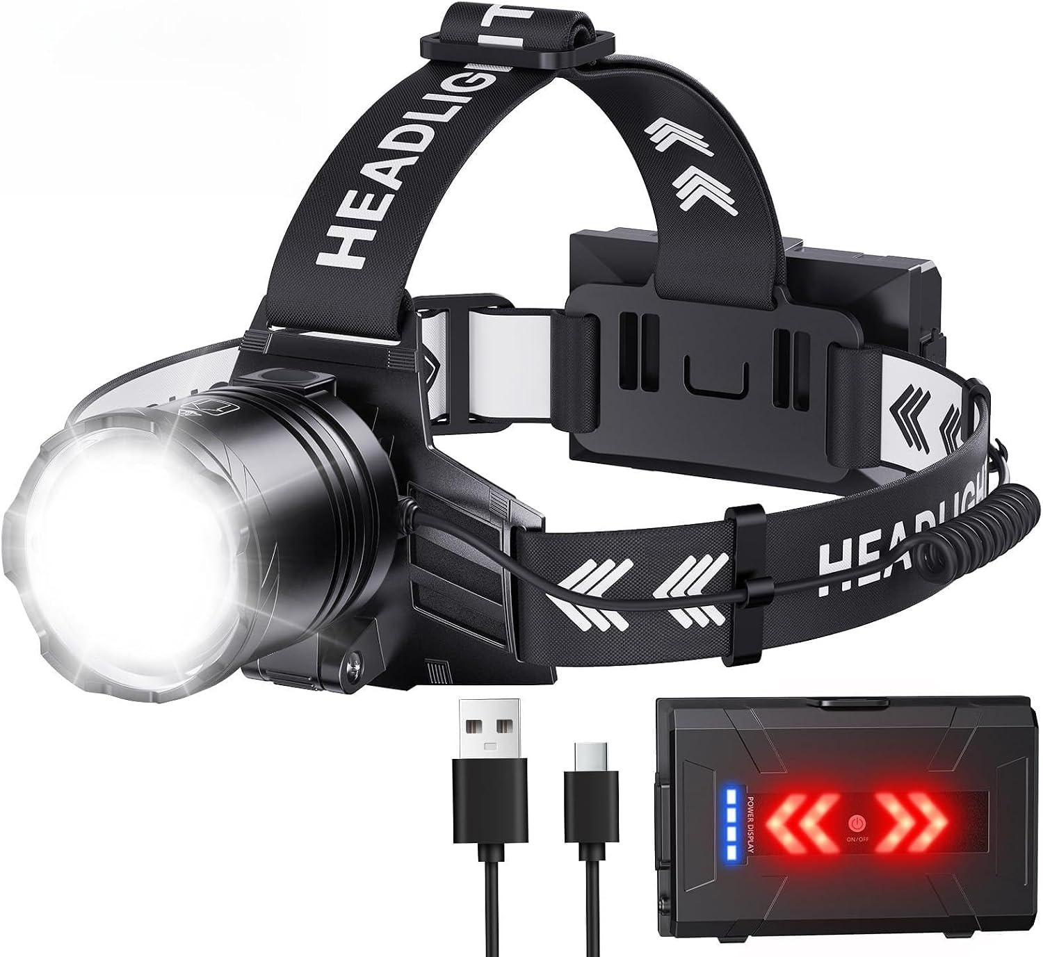 Rechargeable Headlamp Super Bright, High Lumen LED Head Lamp, 5 Modes Zoomable,