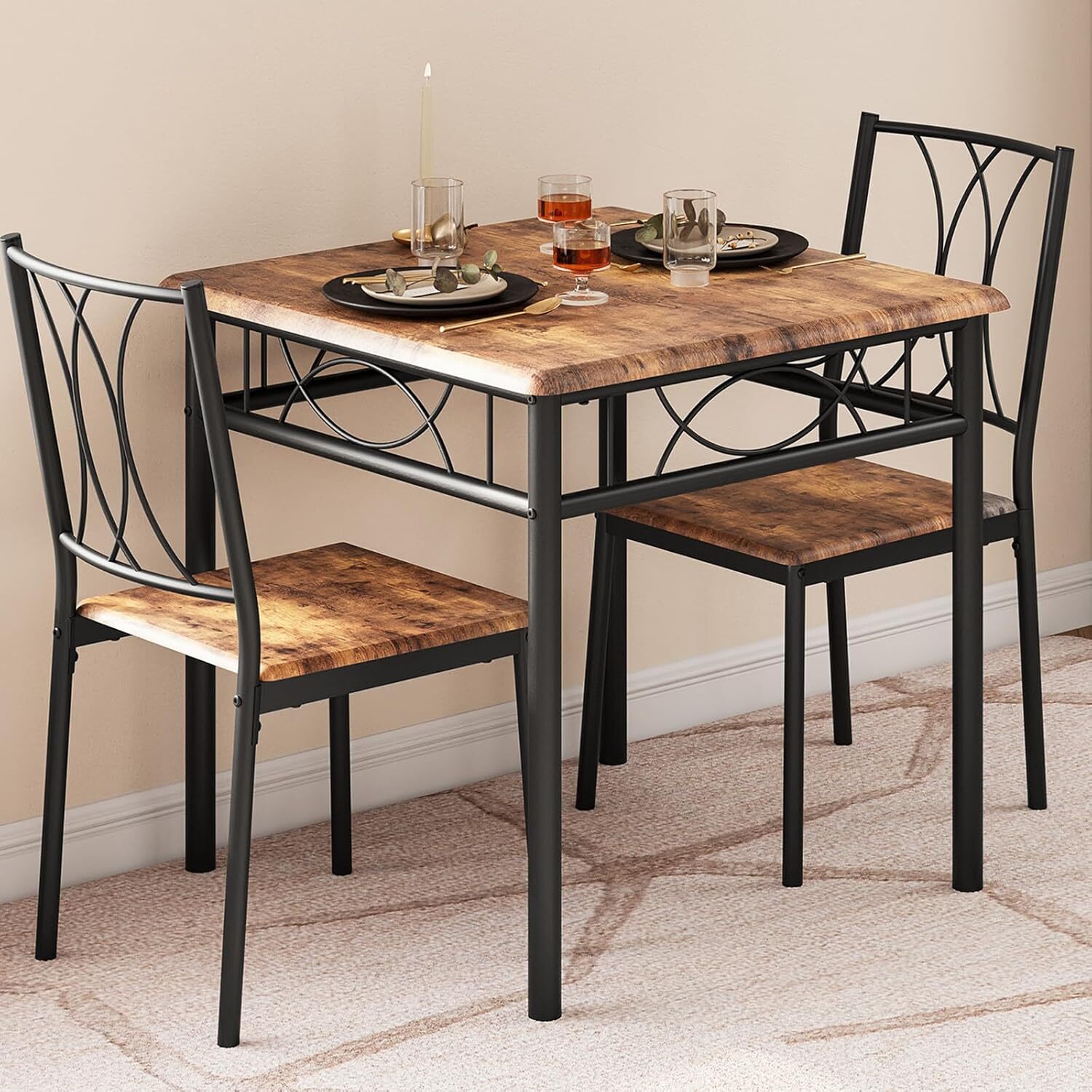 Table and Chairs Set of 2, Small Kitchen Table Sets, 3-Piece Compact Dining Room