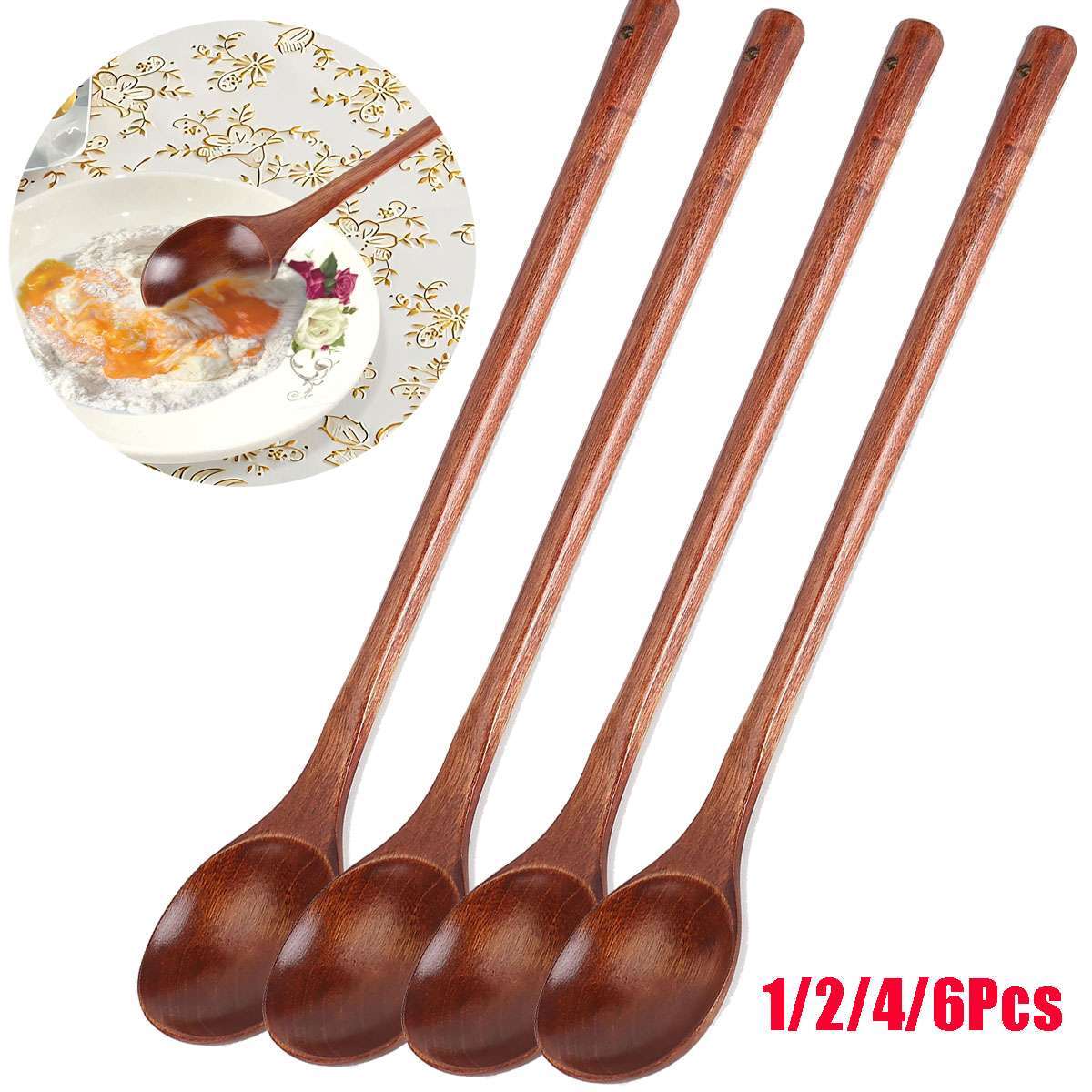 2/4/6pcs Wooden Cooking Spoons 13" for Mixing, Baking, Serving Kitchen Utensils