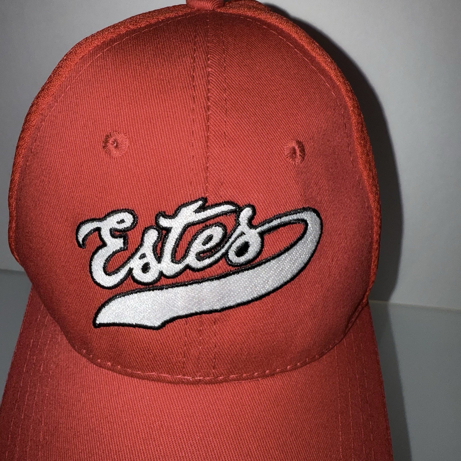 Estes Silver Script w Black On Red Hat Cap Polyester Cotton Hook Loop EUC