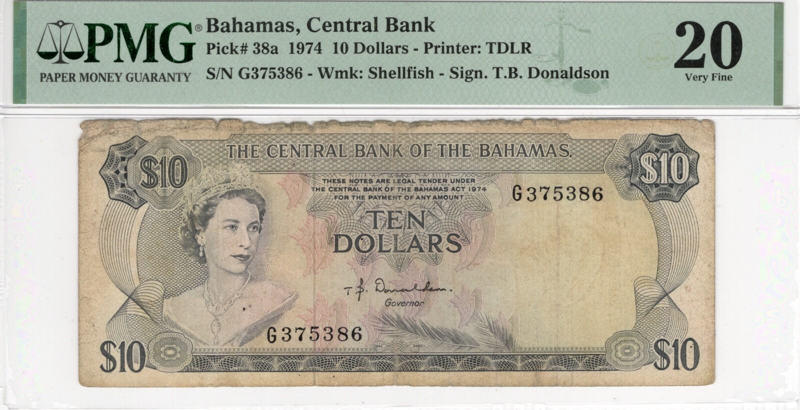 Bahamas 10 Dollars 1974 P38a Wmk: Shellfish Sign. T.B. Donaldson VF20 PMG