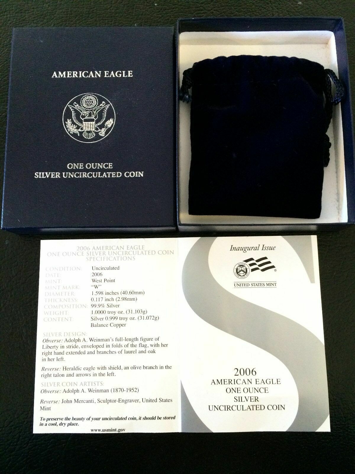 2006 W BURNISHED SILVER EAGLE BOX COA VELVET BAG OGP ONLY NO COIN OR CAP