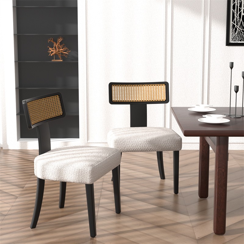 2 Set Mid Century Modern Dining Chairs Solid Wood Rattan Back Accent Side Chairs