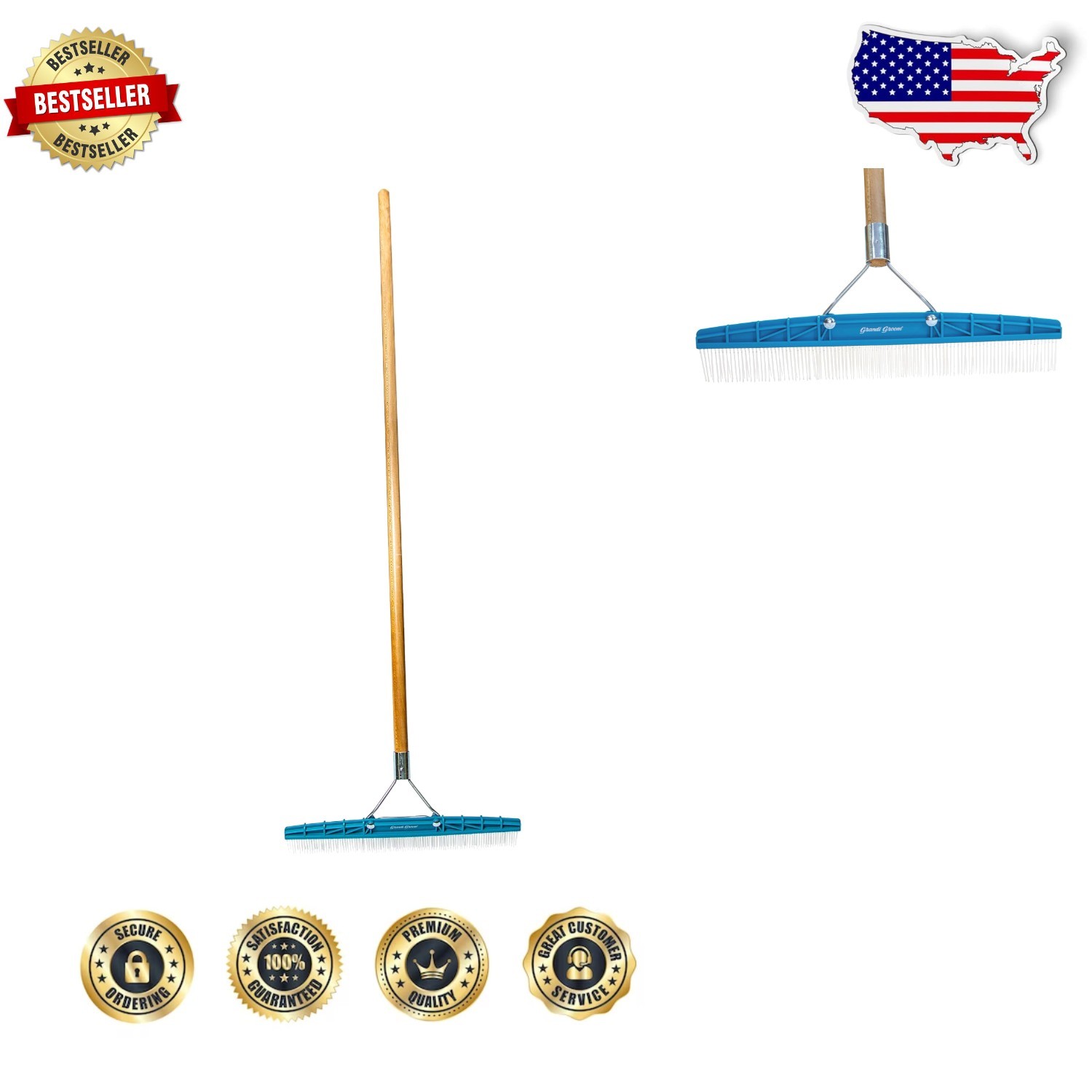 Restores Carpet Pile: 18" Blue Carpet Rake, Wood Handle, Pet Hair