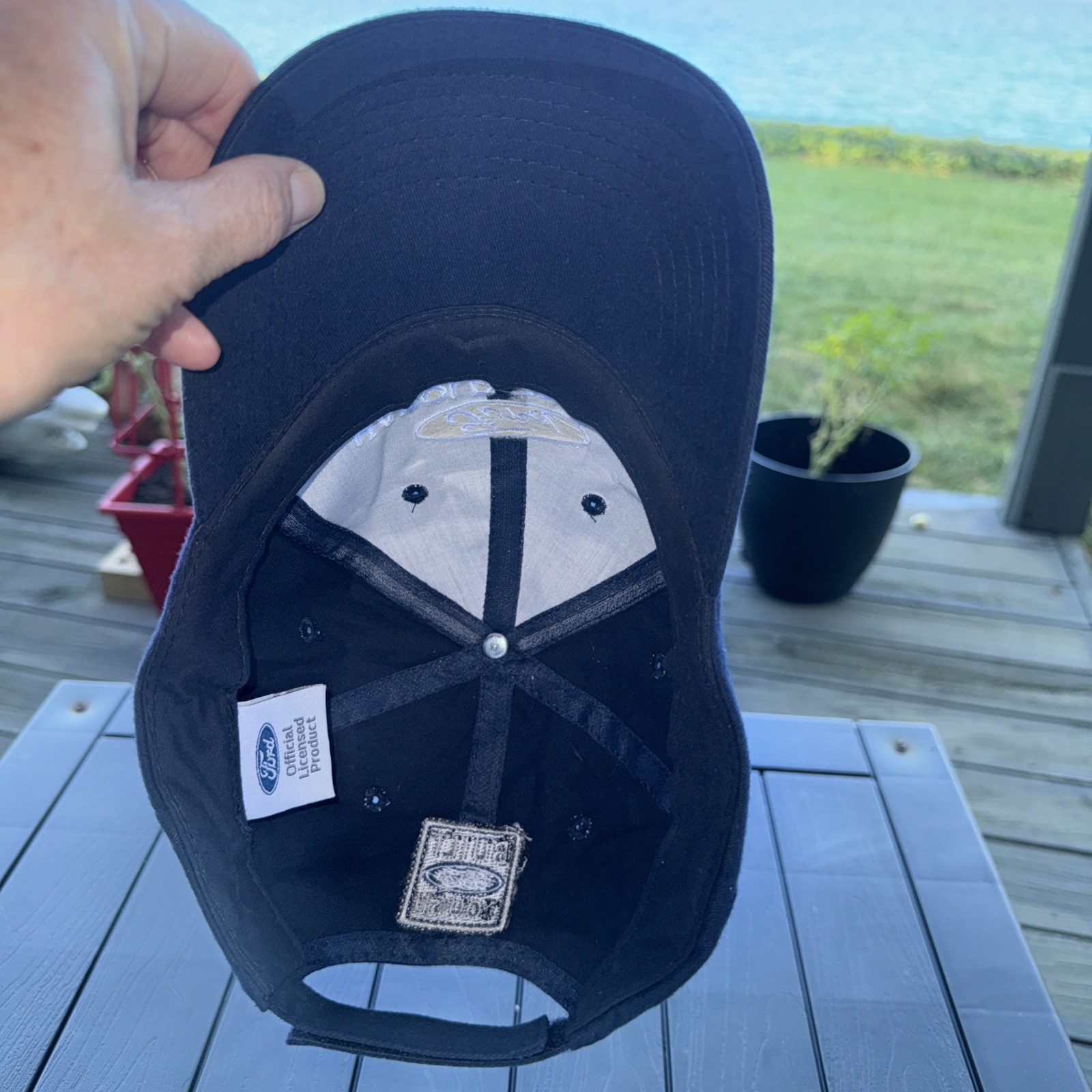 FORD Harold Ziegler White Navy Hat Cap Hook Loop Built Tough Ford Patch Back EUC