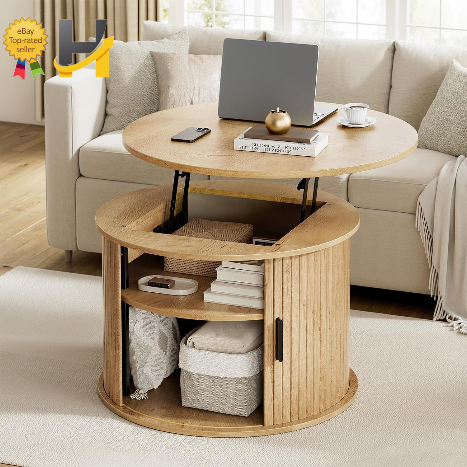 Round Lift Top Coffee Table Fluted Wood Accent with Hidden Storage & Open Shelve