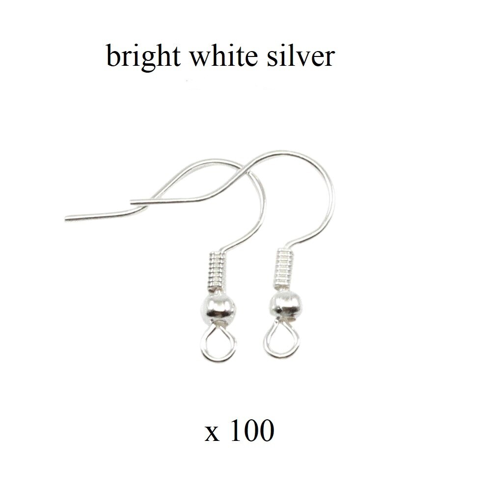 100 Bright White Silver Earring Hooks Coil and Ball    US Seller - Fast Ship