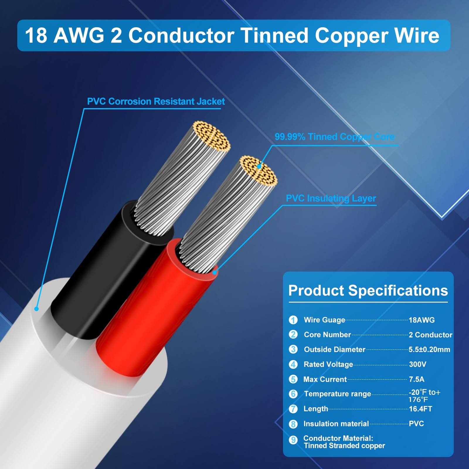 18 Gauge 2 Conductor Electrical Wire, 16.4FT Low Voltage 16.4FT/5M, White